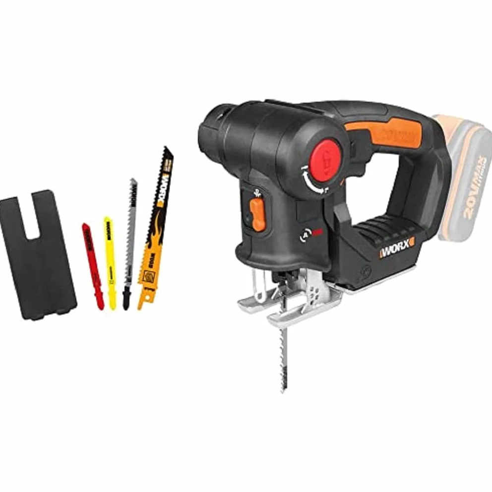 WORX WX550.9 Wyrzynarka do Cięcia Drewna, Stali i PVC, Uniwersalna Pilarka 2 w 1 z Wyrzynarką i Piłą Szablastą oraz Szybkim Przełączaniem, 20 V, z Dmuchawą Pyłu i Mechanizmem Wahadłowym