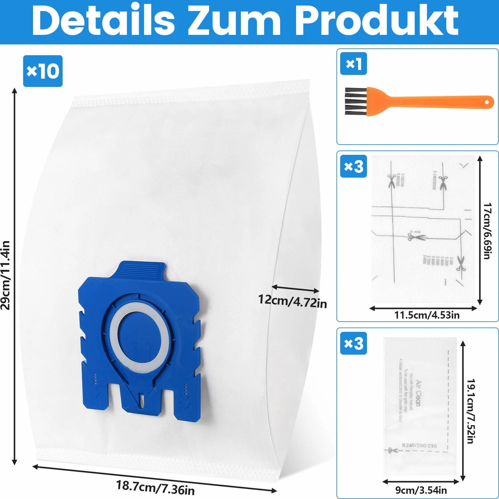 10 worków do odkurzacza dla Miele HyClean Pure GN Classic C1 Complete C2 C3 S2 S5 S8 S Seria, akcesoria do odkurzaczy Efficiency, z 3 filtrami silnikowymi, 3 filtrami wylotowymi, części zamienne