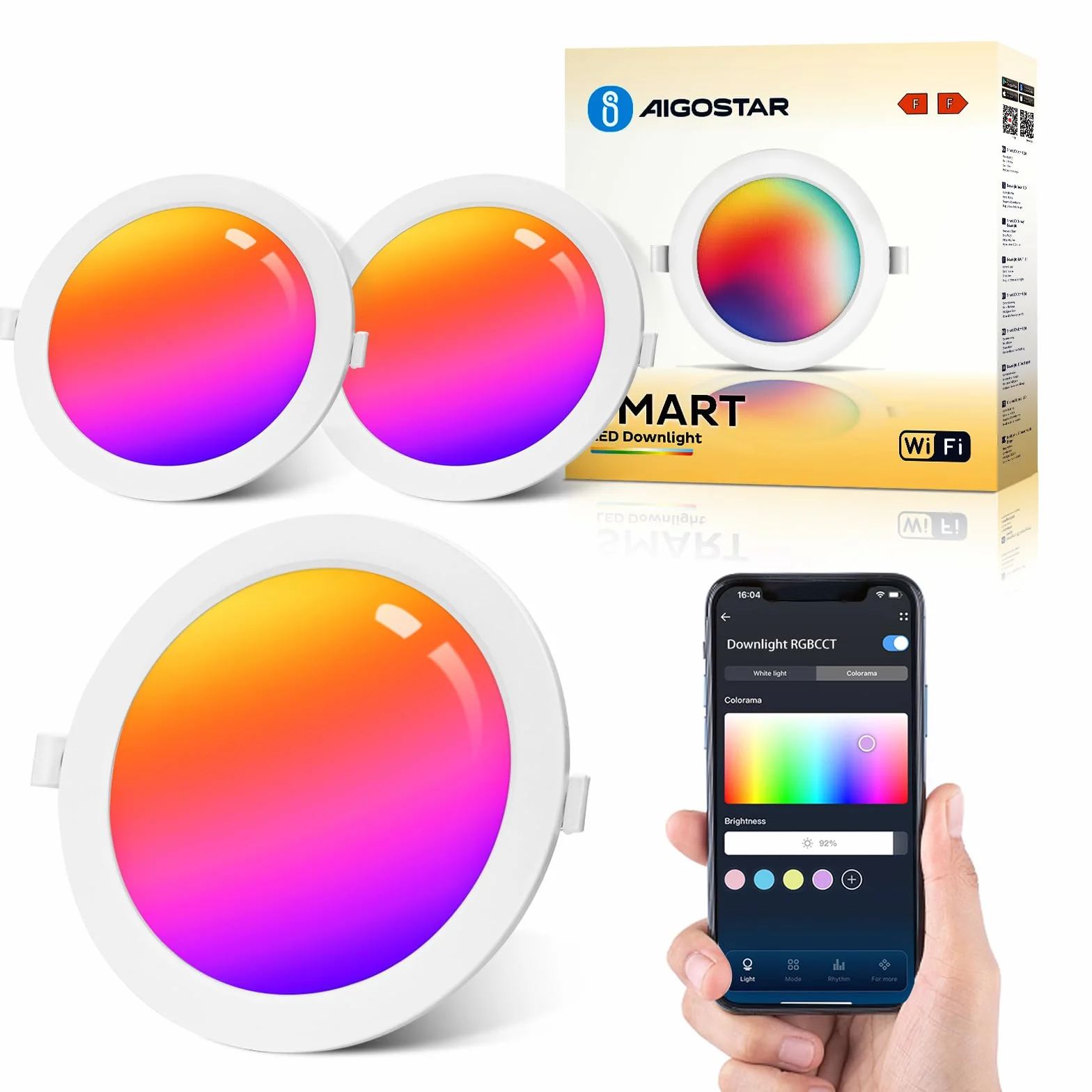 Aigostar - 15W Smart LED Downlight do wbudowania, Ø175mm x 26,5mm, reflektor LED Sterowanie APP WiFi, RGB i możliwość przyciemniania, 2700-6500K, kompatybilny z Alexa i Google, 2 szt
