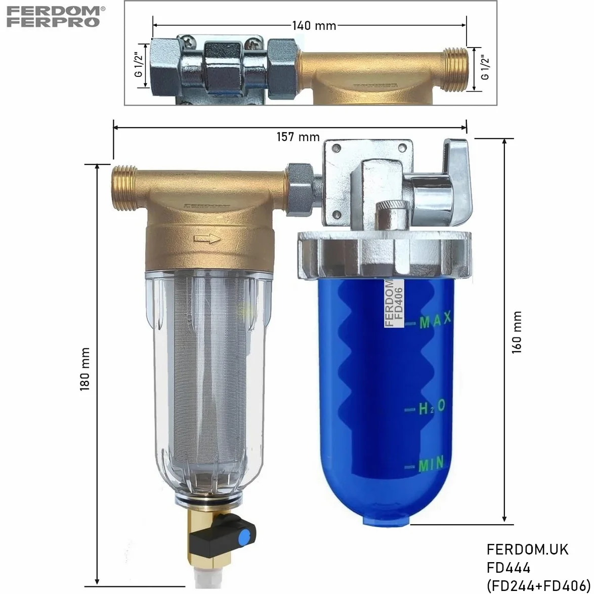 ZESTAW OCHRONY INSTALACJI FD444 FERDOM. 2 w 1. Filtr Wstępny, Osadowy Typu Spin-Down z Siatką Inox 40-60 μm (FD244) + Dozownik/Podajnik Proporcjonalny do Wody Wodociągowej, Dodatkowe Wkłady (FD406).