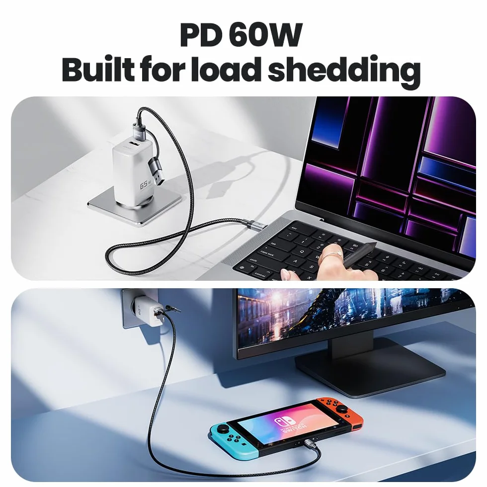 Toocki Kabel USB C do USB C 2 w 1 60W Szybkie Ładowanie PD Kabel z Adapterem USB A 1.2m Pleciony Nylon Przewód do Transmisji Danych Kompatybilny z iPhone 16/17, MacBook, iPad, Galaxy, Xiaomi, Szary