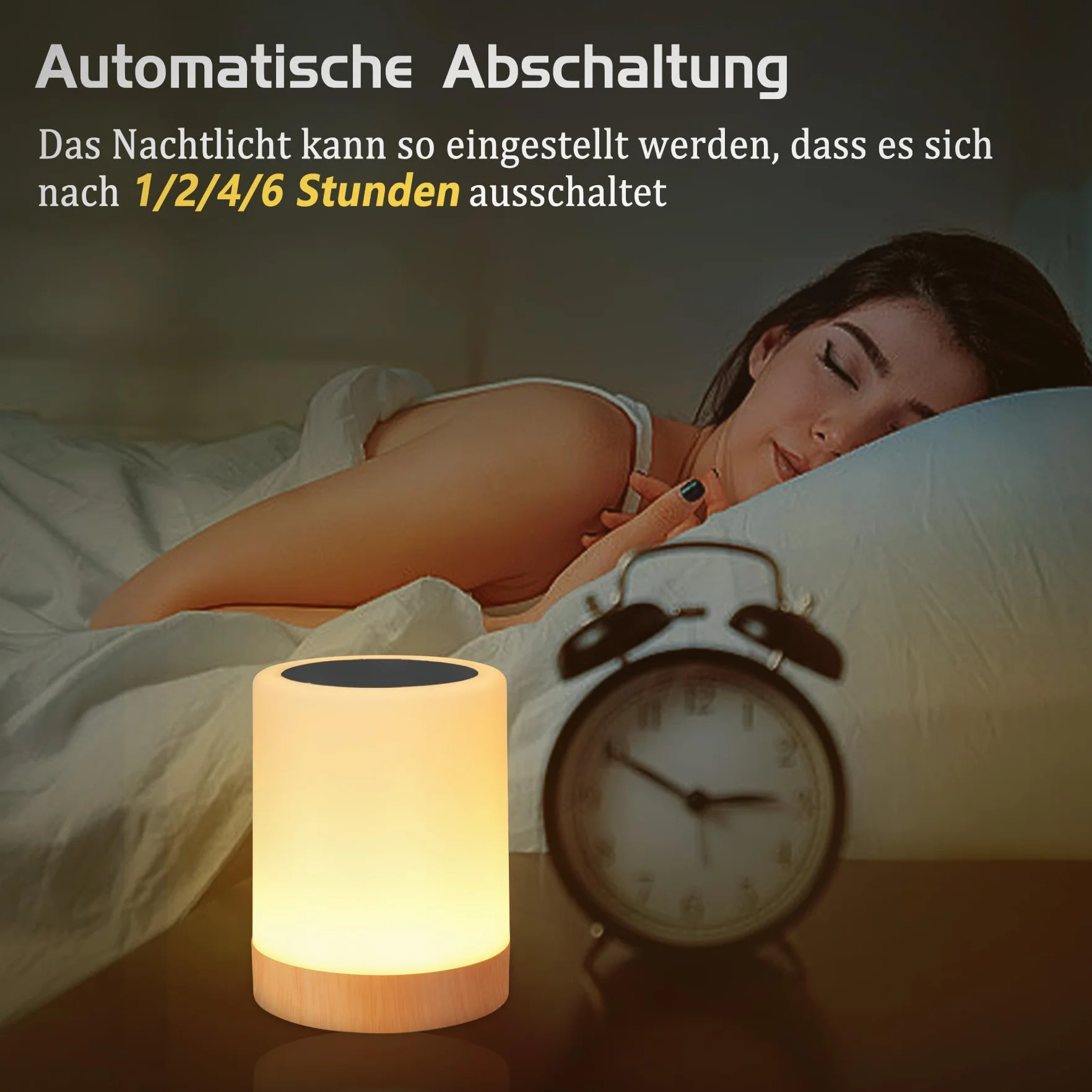 Bonsery Dotykowa ściemniana lampka nocna, bezprzewodowa lampa stołowa LED z akumulatorem USB, lampka nocna dla dzieci z zegarem i pamięcią do sypialni, łazienki, salonu