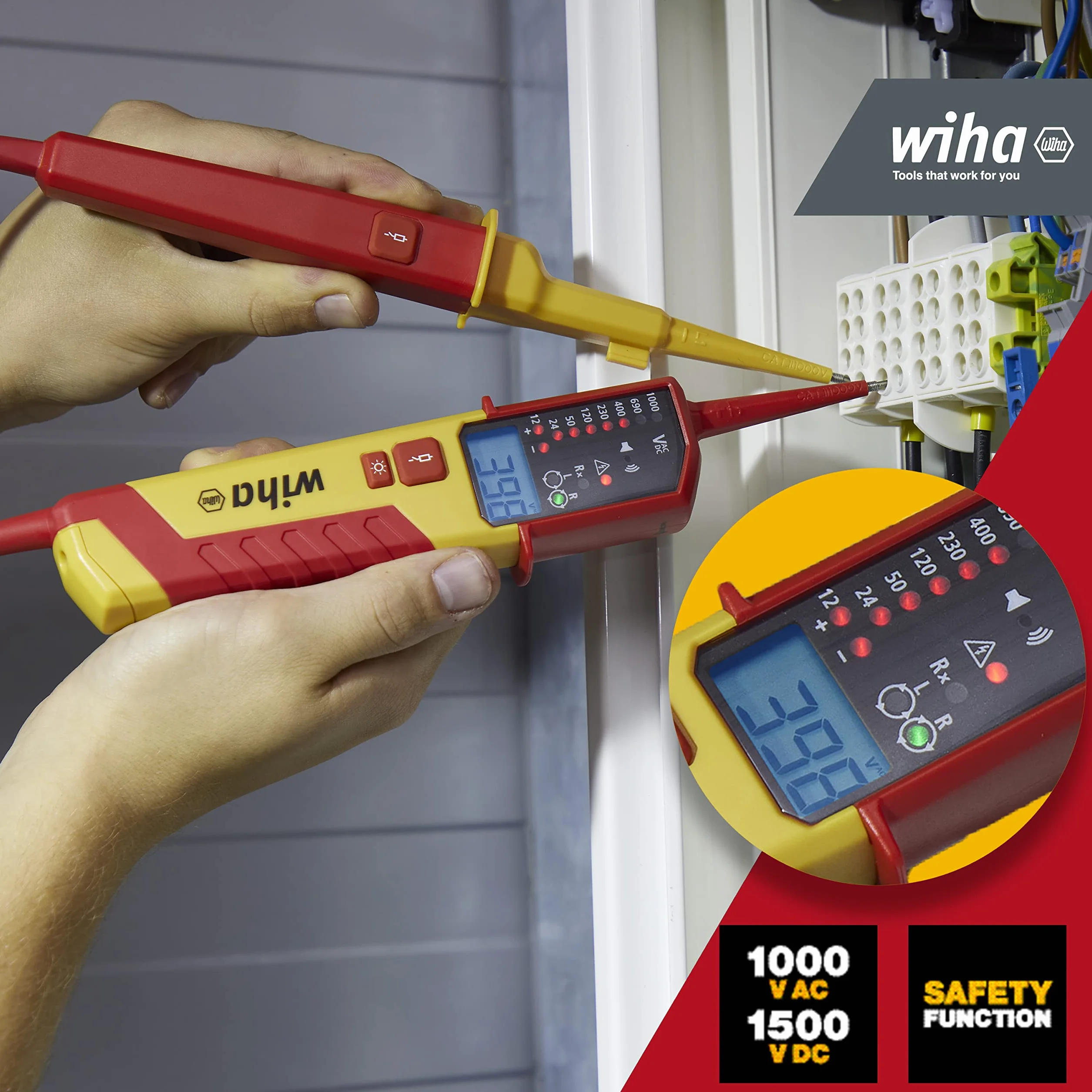 Wiha Tester napięcia i ciągłości 1500 V, CAT IV w zestawie 2 x baterie AAA I kompatybilny z fotowoltaicznymi I LED/LCD (45217), czerwony/żółty