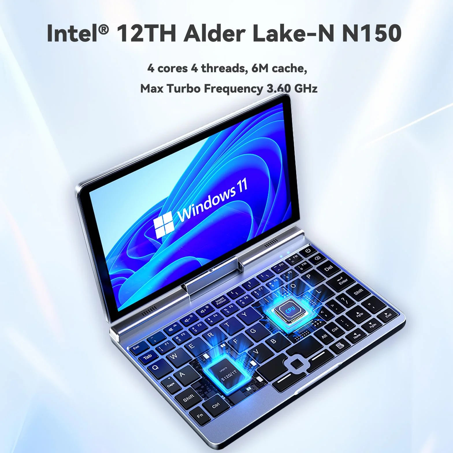 Mini laptop 8-calowy, 2 w 1, Win 11, dotykowy ekran HD, obrotowa kieszonka na pismo, 12 GB RAM, 512 GB SSD, podświetlana klawiatura, N150, 2MP kamera, WiFi 6, BT5.2