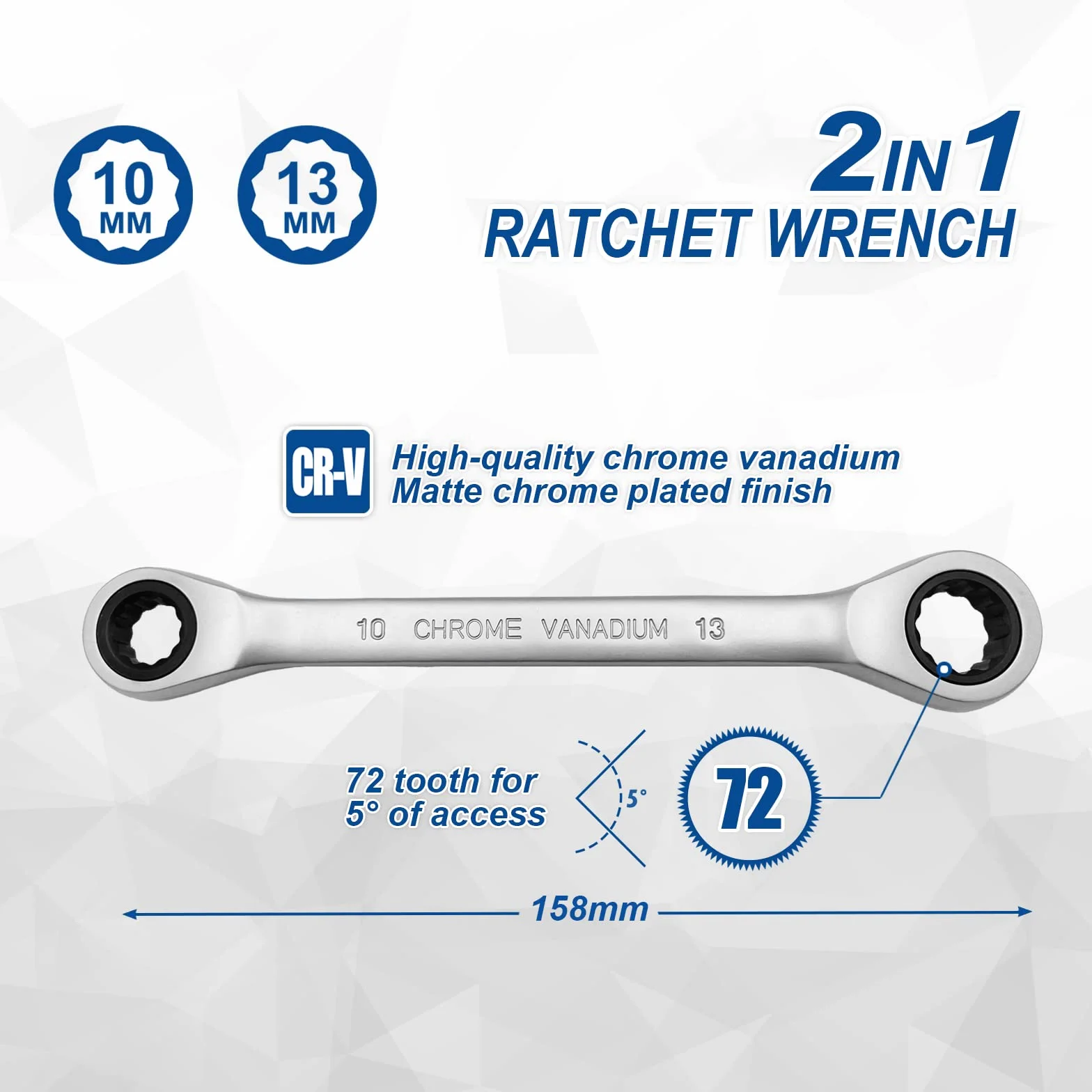 DAKCOS Klucz grzechotkowy 2 w 1, 10 x 13 mm, podwójny klucz oczkowy z grzechotką, ze stali chromowo−wanadowej (Cr-V), z matowym chromowanym wykończeniem