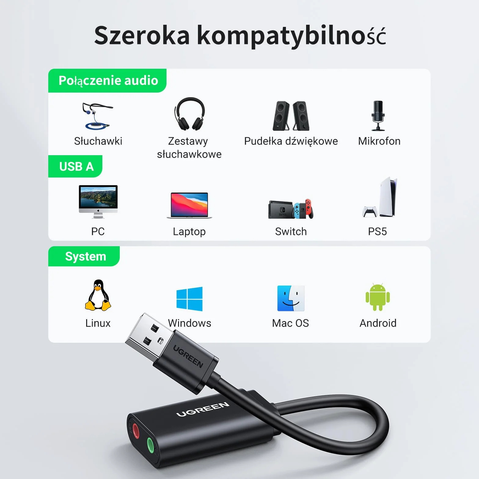 UGREEN Zewnętrzna Karta Dźwiękowa USB Adapter Audio USB.