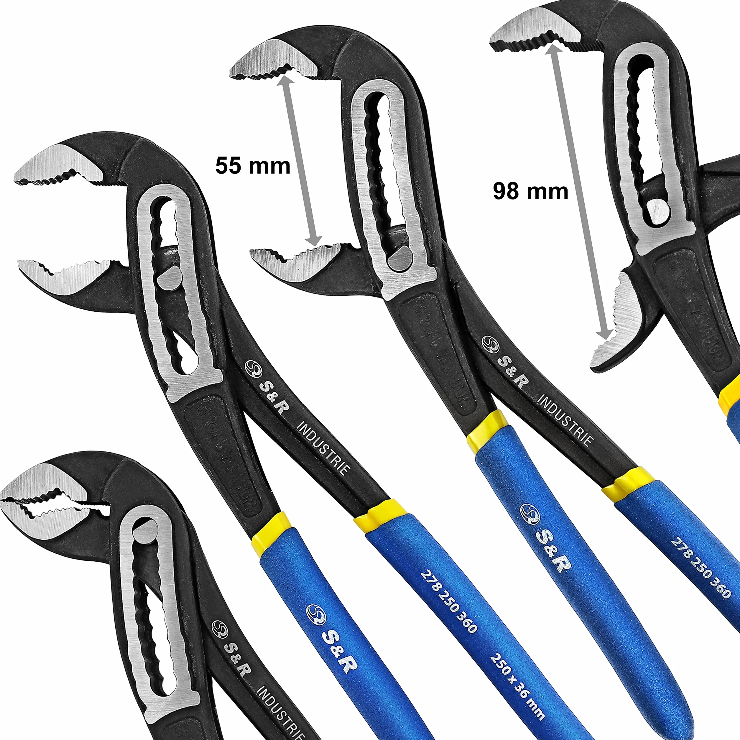 S&R Szczypce do pomp wodnych, klucz do rur 250 mm – stal CR-V, szerokość otworu 55 mm, podwójnie powlekane, bezpieczne uchwyty