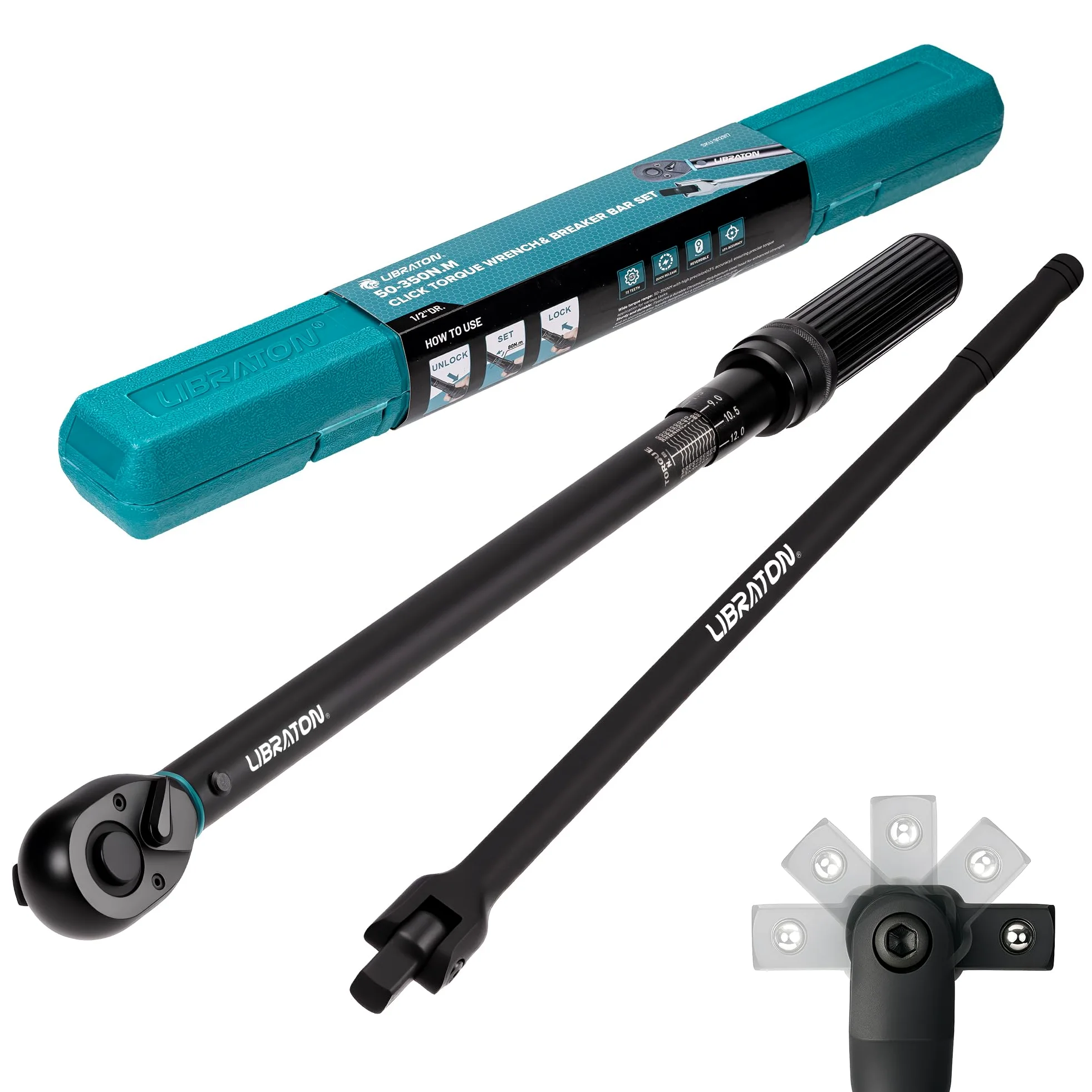 LIBRATON Klucz dynamometryczny 1/2" Drive, 50-350NM, klucz dynamometryczny z kliknięciem ±3% precyzji, 55,9 cm mocny łom do ściągania, 72-zębowy dwukierunkowy regulowany do konserwacji motocykli i