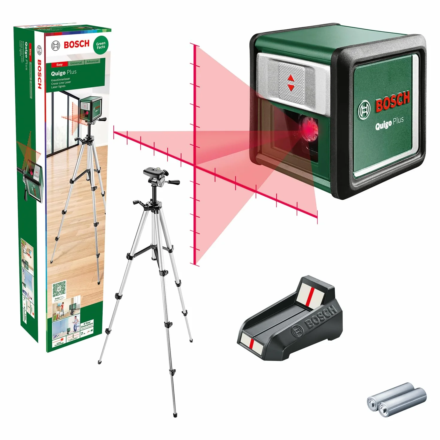 Bosch Laser krzyżowy Quigo Plus ze statywem (łatwe wyrównywanie elementów przy równych i zmiennych odległościach dzięki znacznikom na linii laserowej, opakowanie kartonowe)