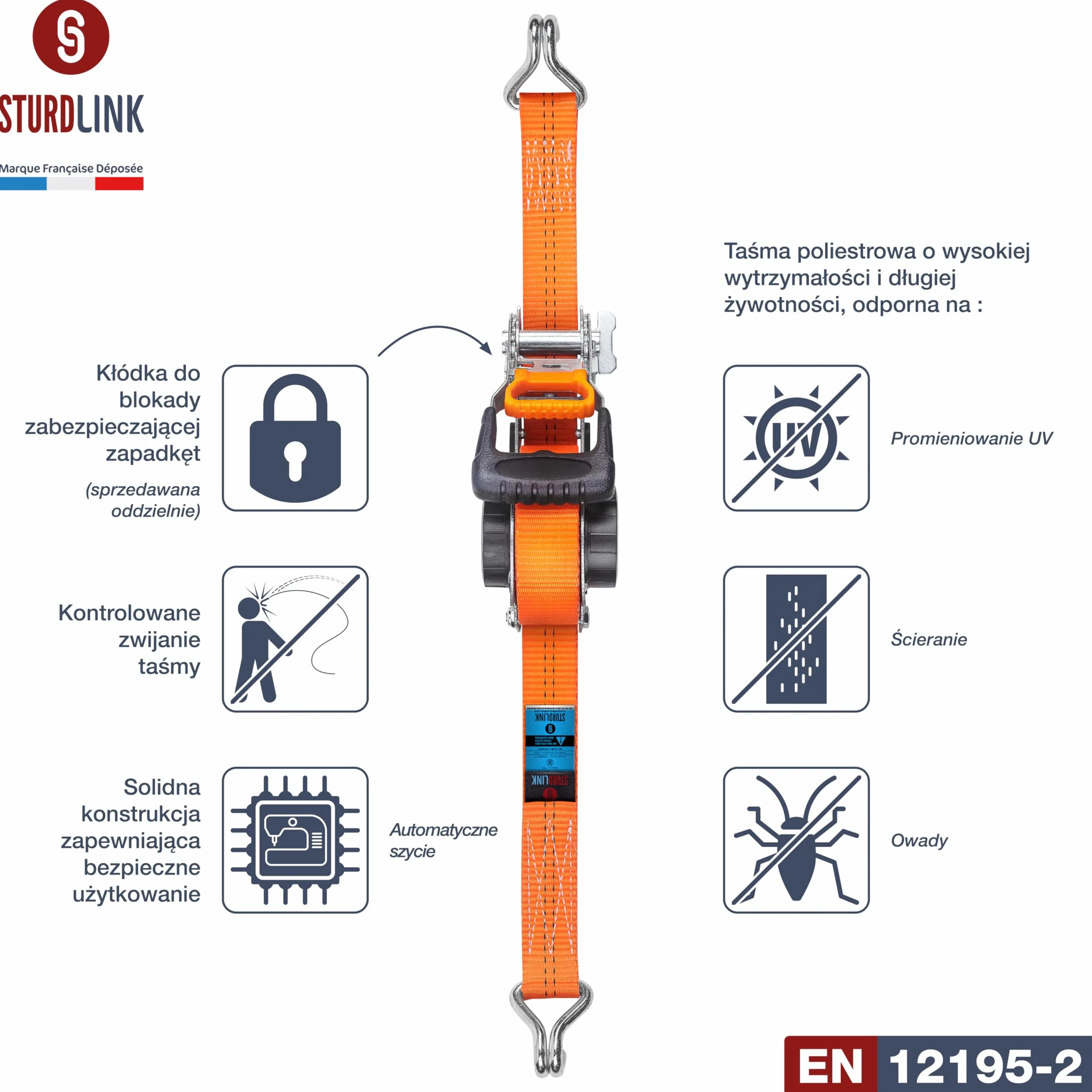 Automatyczne paski zapadkowe 35 mm 5m J stalowe haki LC 1000 kg/2000kg w kształcie litery U | Automatyczny zwijacz paska | Idealny uchwyt do przyczepy motocyklowej Quad Auto | Zestaw 2 sztuk + Torba |