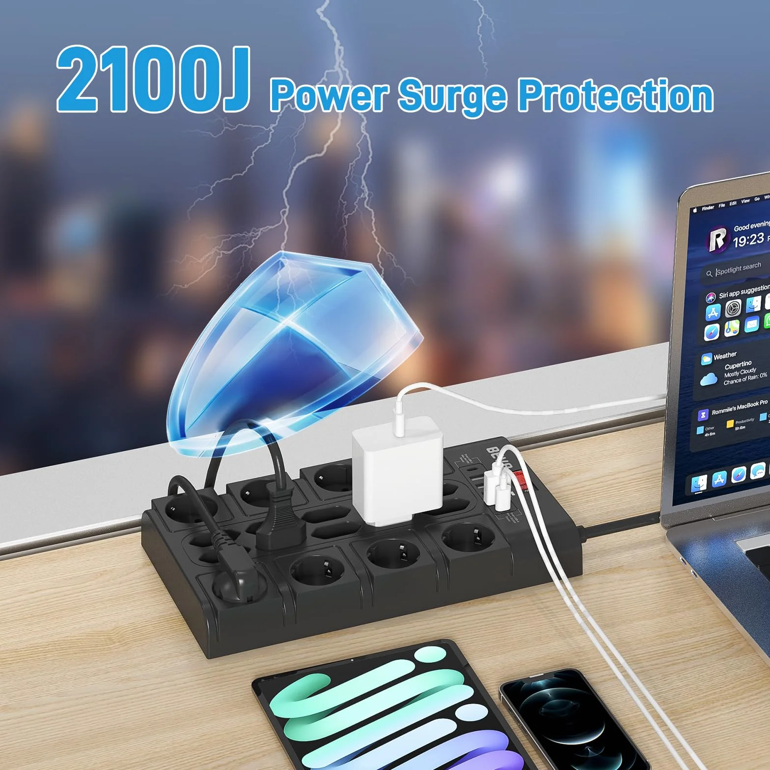 BEVA Listwa Zasilająca 3680W 16A 18 Gniazd AC 4xUSB-A 2xUSB-C Złodziej Wtyczka 2M
