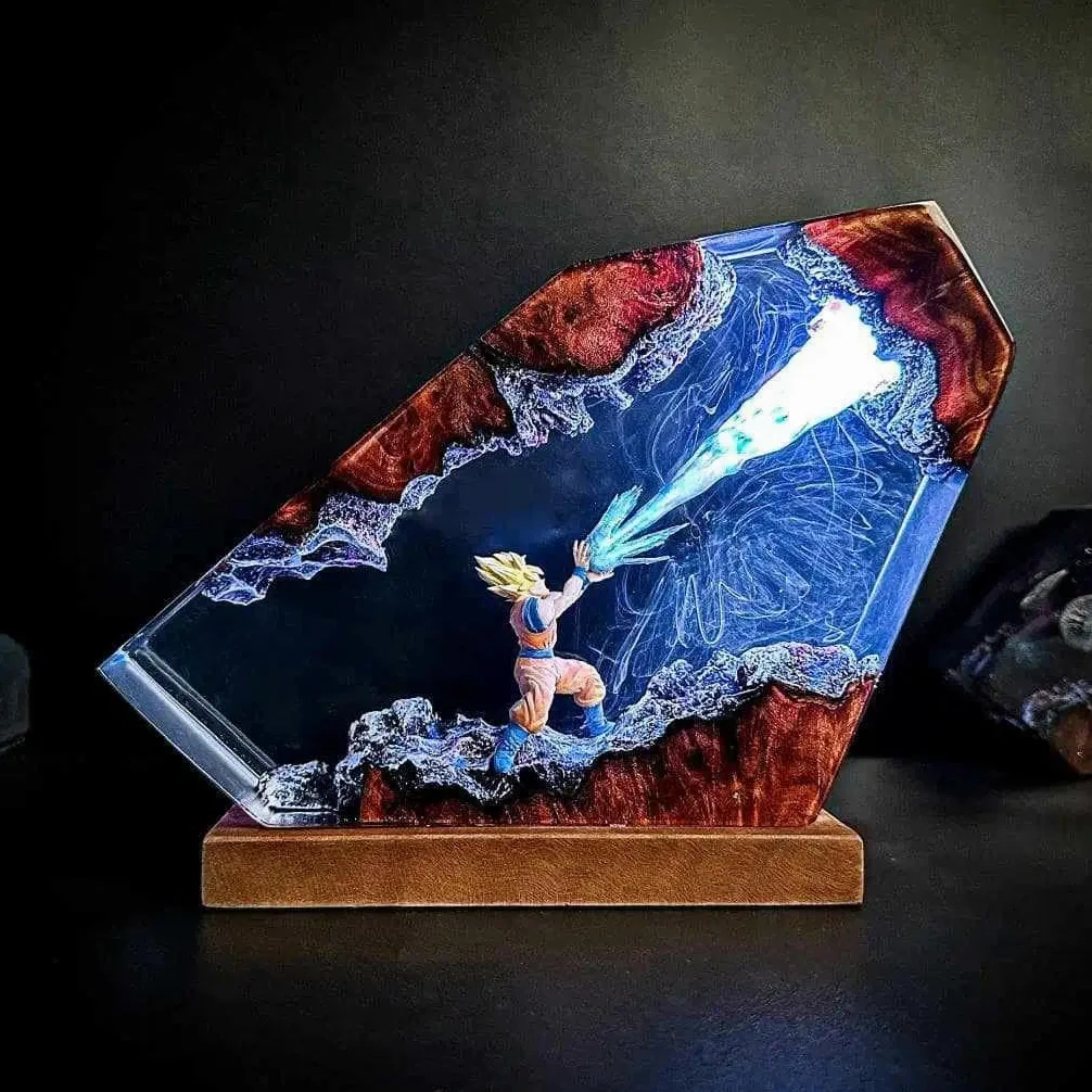 Lampka nocna 3D z żywicy Dragon Ball, żywicowy pomnik Son Goku z drewnianym cokołem, lampka nocna z kablem USB i 16 kolorową zdalnie sterowaną wielokolorową lampą LED, sztuka sztuki do biurka