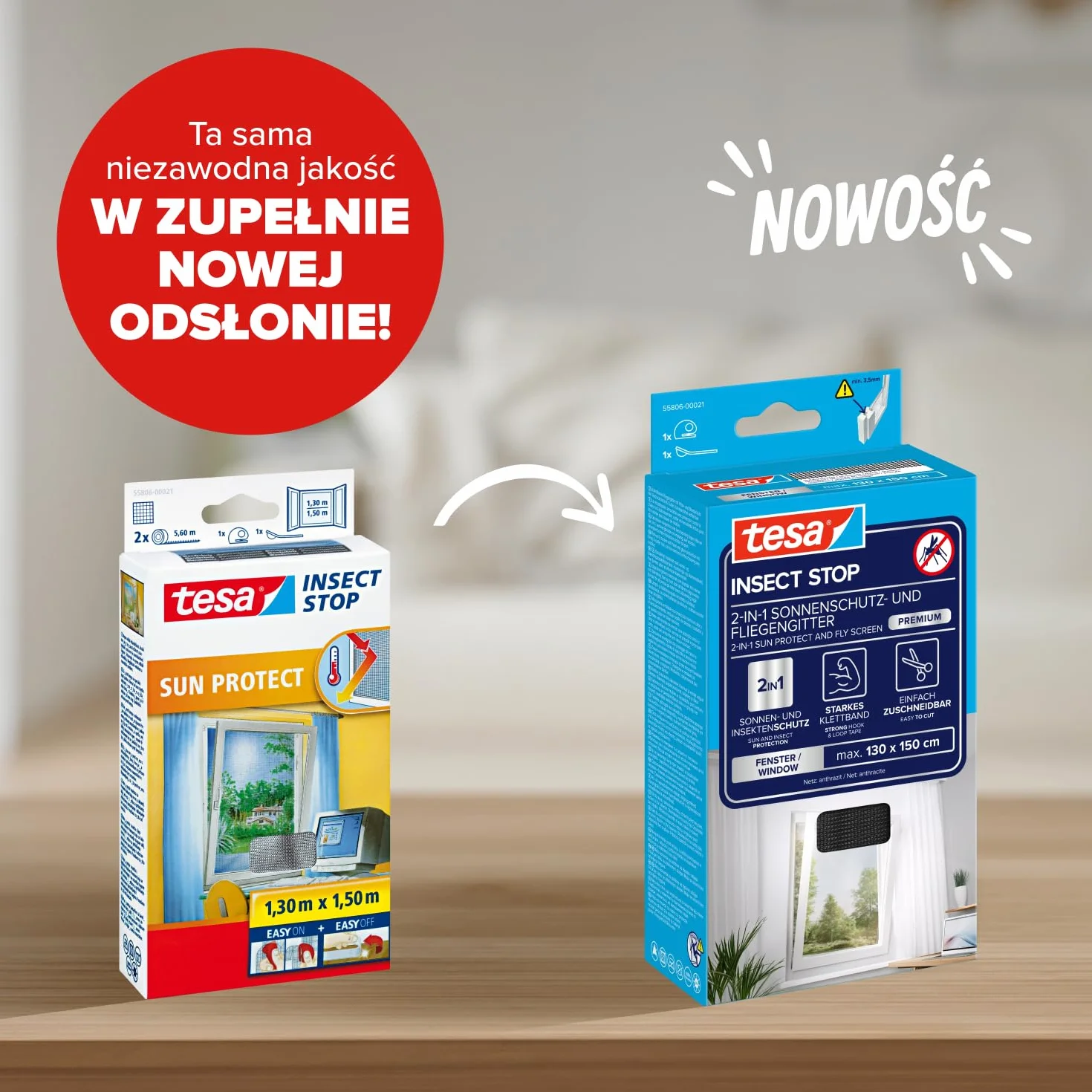 tesa INSECT STOP 2-in-1 Sun Protect and Fly Screen Premium for Windows - siatka z ochroną przeciwsłoneczną, bez wiercenia, antracyt-metalik - 130 x 150 cm
