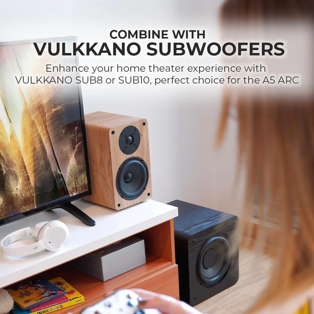 VULKKANO A5 ARC Głośniki Półkowe z głośnikiem niskotonowym 5,25", Bluetooth 5.0, HDMI ARC, Optica, RCA, USB, z wyjściem subwoofera, aktywne głośniki regałowy o eleganckim wzornictwie, Czarny