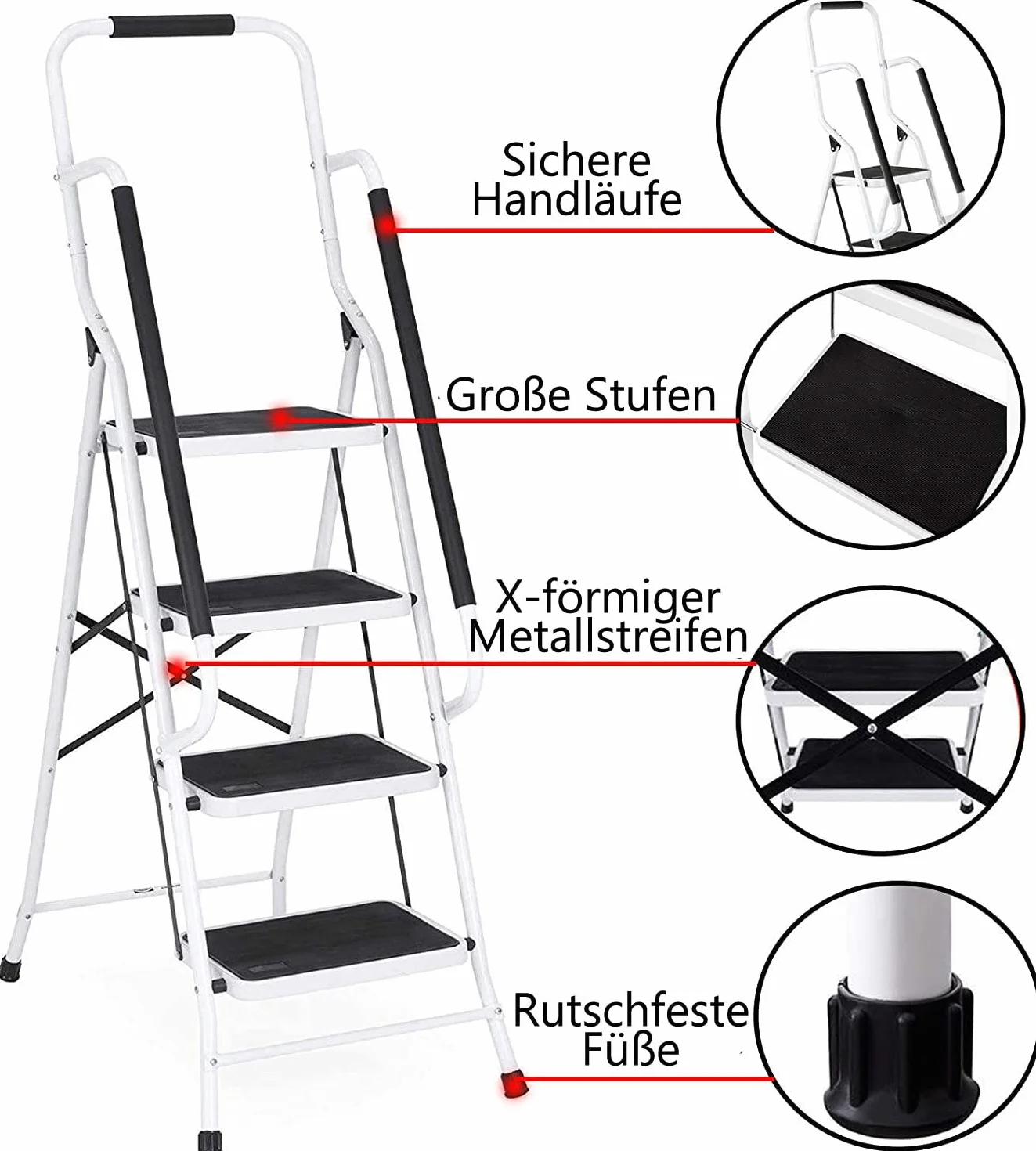 Drabina domowa z poręczą i antypoślizgową matą, składana drabina design, drabina do domu, kuchni, ogrodu, garażu, magazynu, 4 stopnie, przenośna, składana, odporna na uszkodzenia