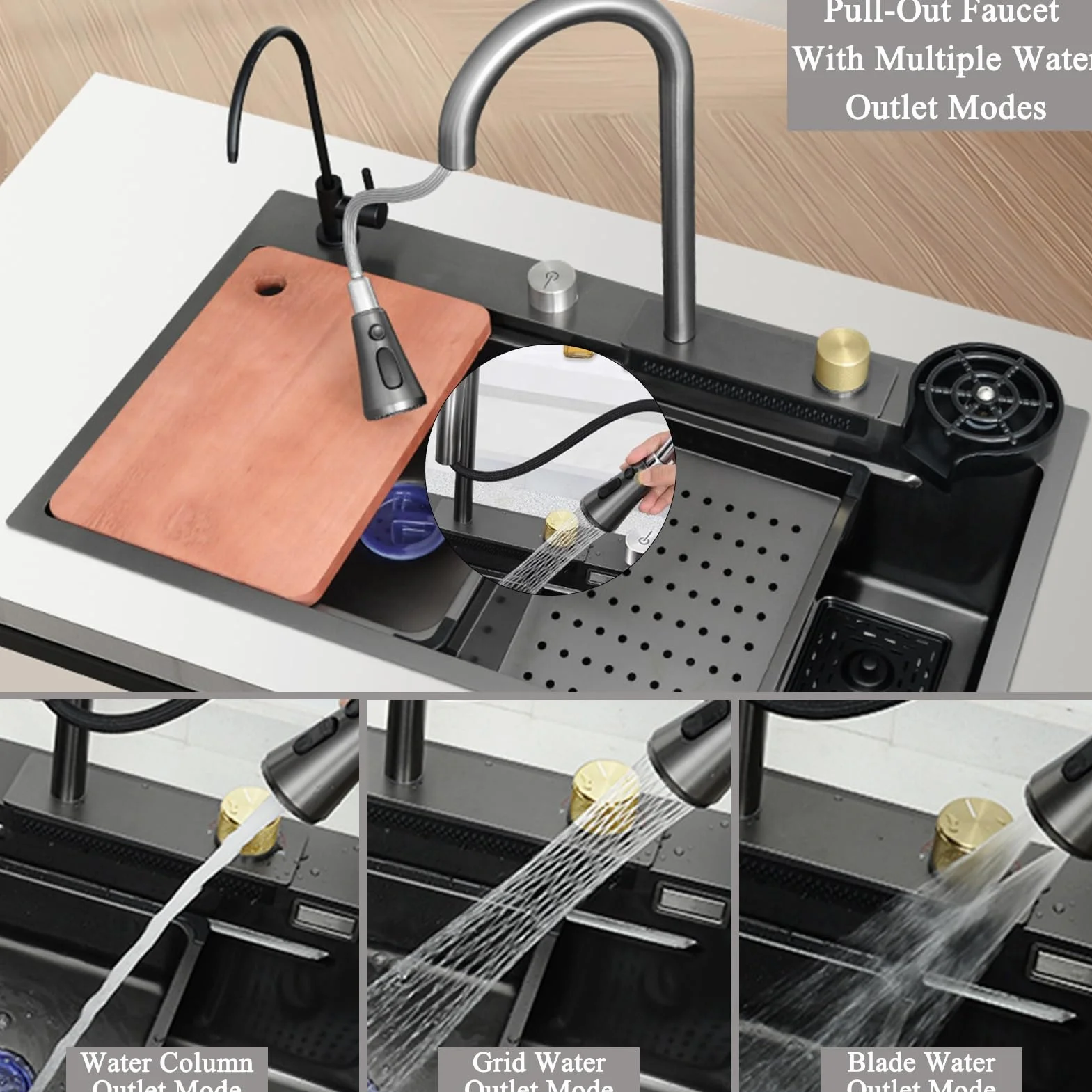 Waterfall Kitchen Sink Stainless Steel Top Mount Sink Black Nano Single Bowl Sink Multifunctional Workstation Sink With Pull-out Faucet, Glass Cup Washer, Drain Basin, Drainage Assembly(80x45x22cm)