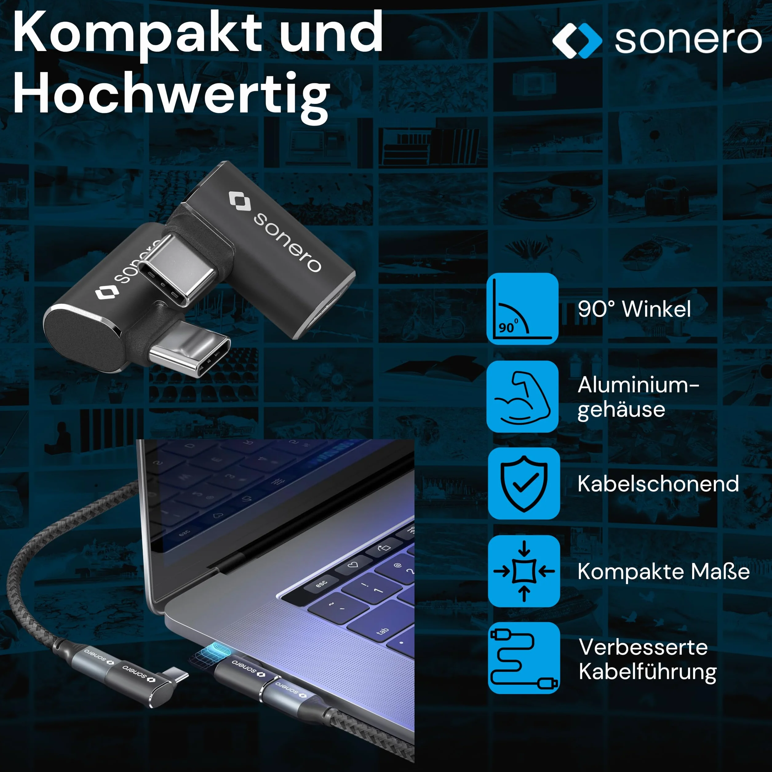 Sonero Adapter USB-C 90° 40 Gbps 240 W 8K60Hz Aluminiowa Obudowa Czarna