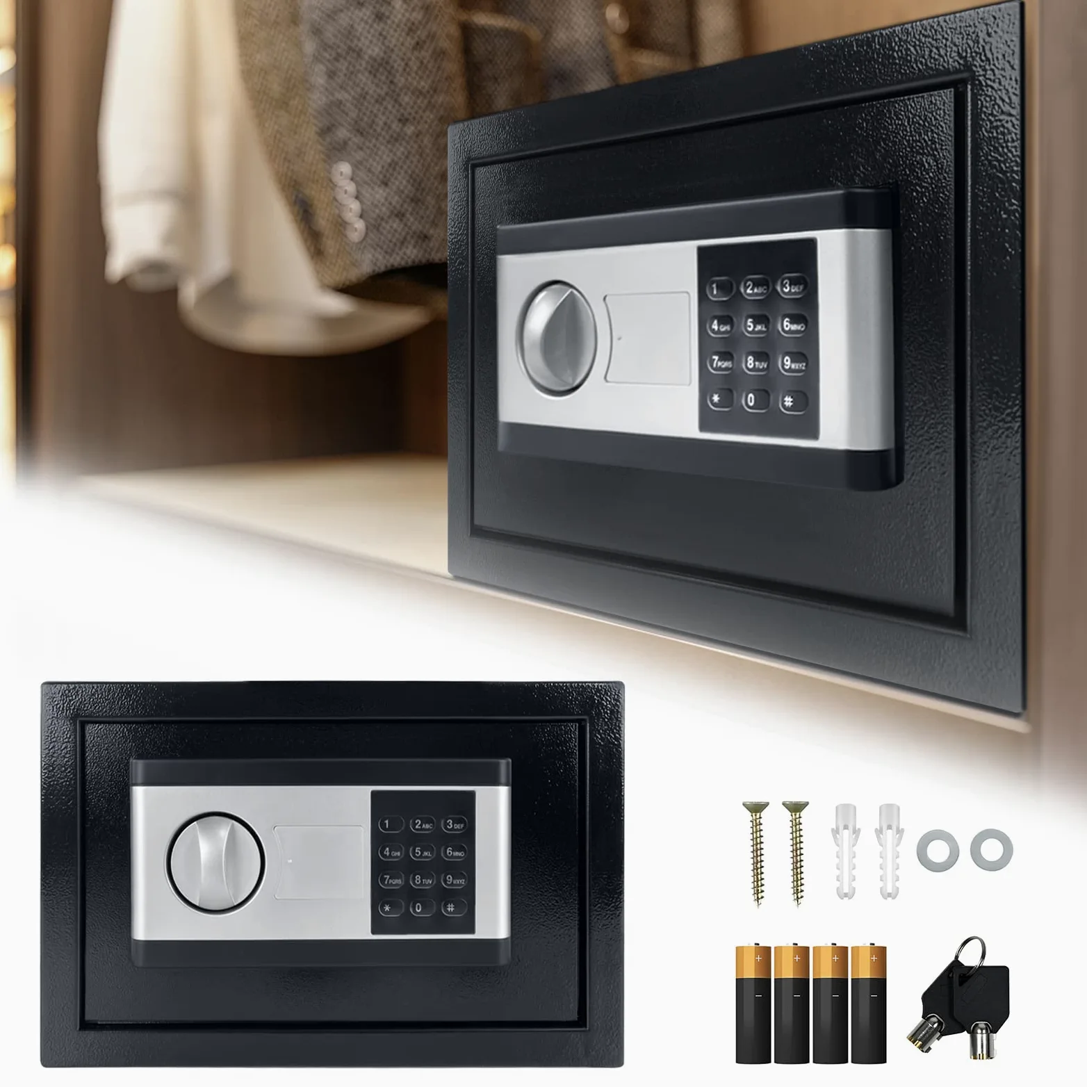 XMTECH Sejf elektroniczny sejf meblowy, sejf ścienny, ze stali, cyfrowy kod PIN z 2 kluczami, elektroniczny sejf ze stali, podwójny sejf ze stali, 22 l (35 x 25 x 25 cm)