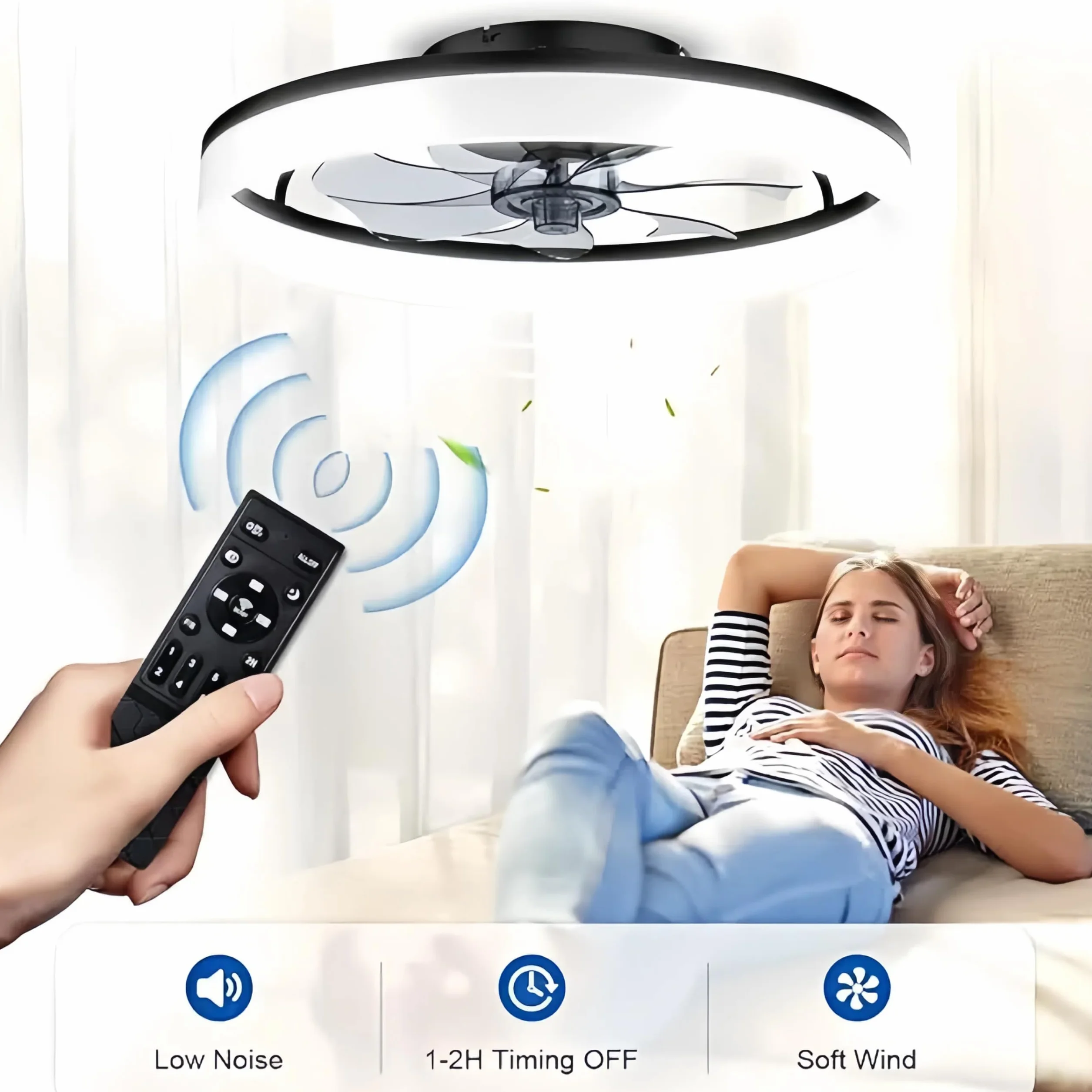 Wentylator sufitowy z oświetleniem, 50 cm, 48 W, 220 V, ściemniana, lampa sufitowa z pilotem zdalnego sterowania i aplikacją, 6 prędkości, z wentylatorem, timerem, do sypialni, salonu, czarny