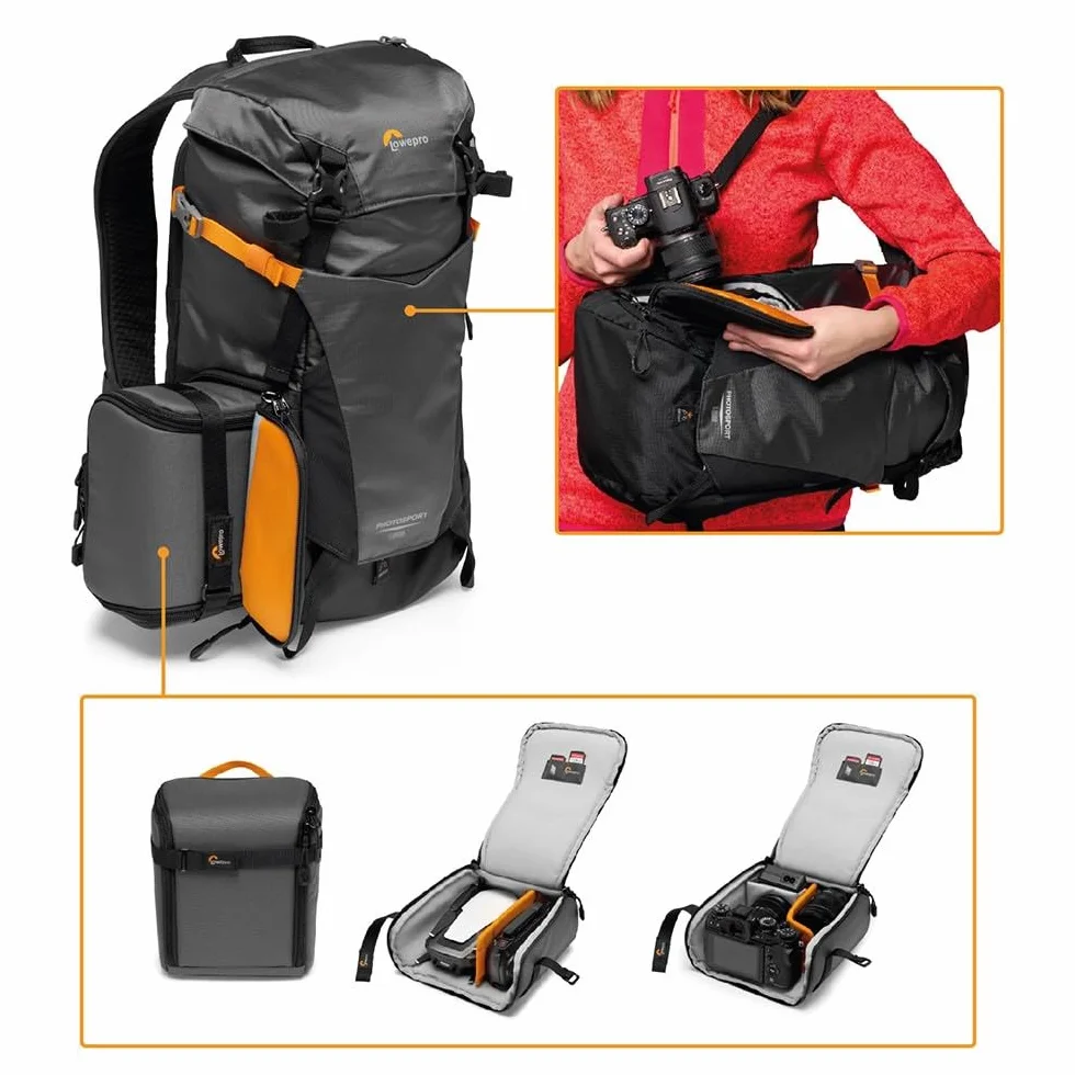 Lowepro PhotoSport BP 15L AW III, plecak turystyczny na aparat z dostępem na boku, ze zdejmowaną wkładką na aparat, z systemem pasków akcesoriów, kolor szary, do bezlusterkowego aparatu, kompatybilny z Sony α6000