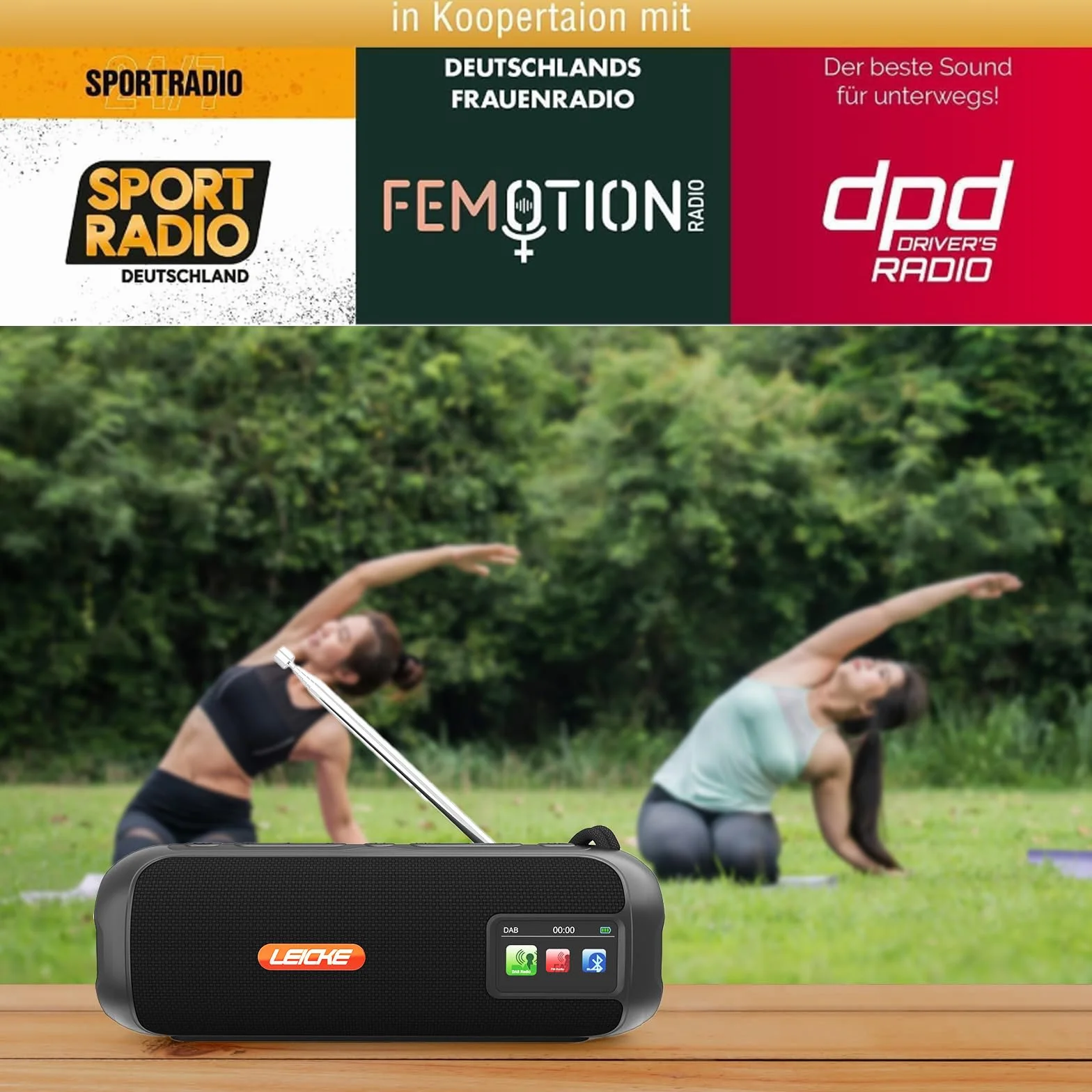 LEICKE DAB+ radio Tube – przenośny głośnik Bluetooth z DAB+/FM, akumulator 4500 mAh, oświetlenie RGB LED, dźwięk stereo 10 W, korektor, ładowanie USBC, złącze Micro SD/AUX, zasilanie sieciowe i