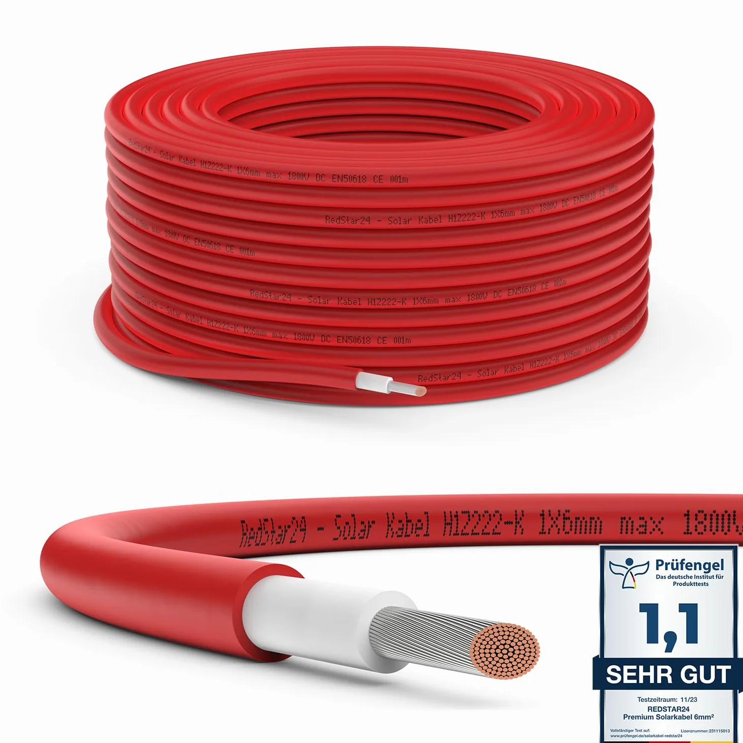 RedStar24 Kabel Solarny Premium 6 mm², Czerwony, 50 m, Certyfikat TÜV, Odporny Na UV, Elastyczny, Fotowoltaiczny, PV, Przyłączeniowy Do Panelu Słonecznego