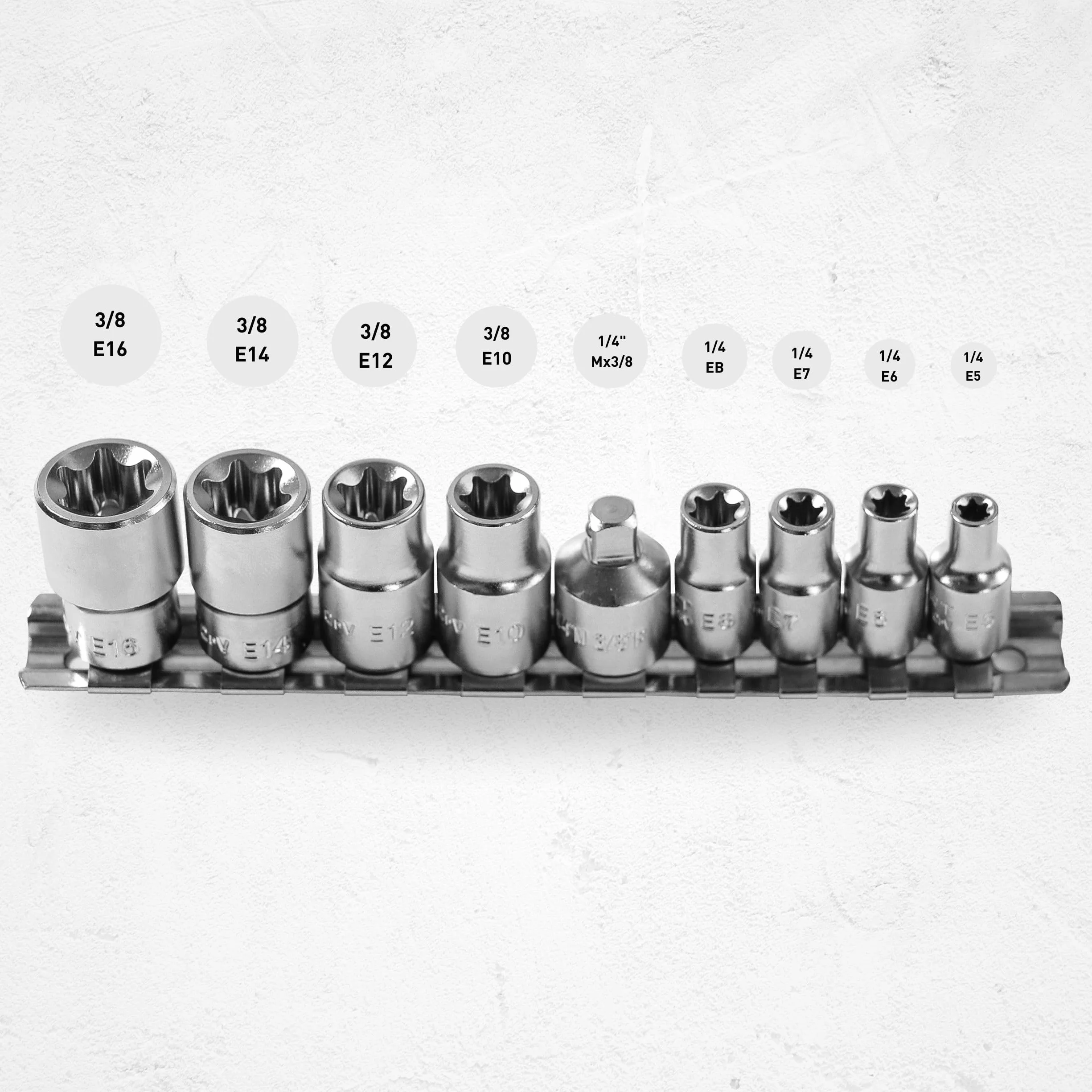 Högert HT1A884 zestaw kluczy nasadowych z narzędziami, ze stopu stali chromowo-wanadowej, zestaw 9 kluczy nasadowych Torx, srebrne, 1/4" E5-E8, 3/8 E10-E16, CRV