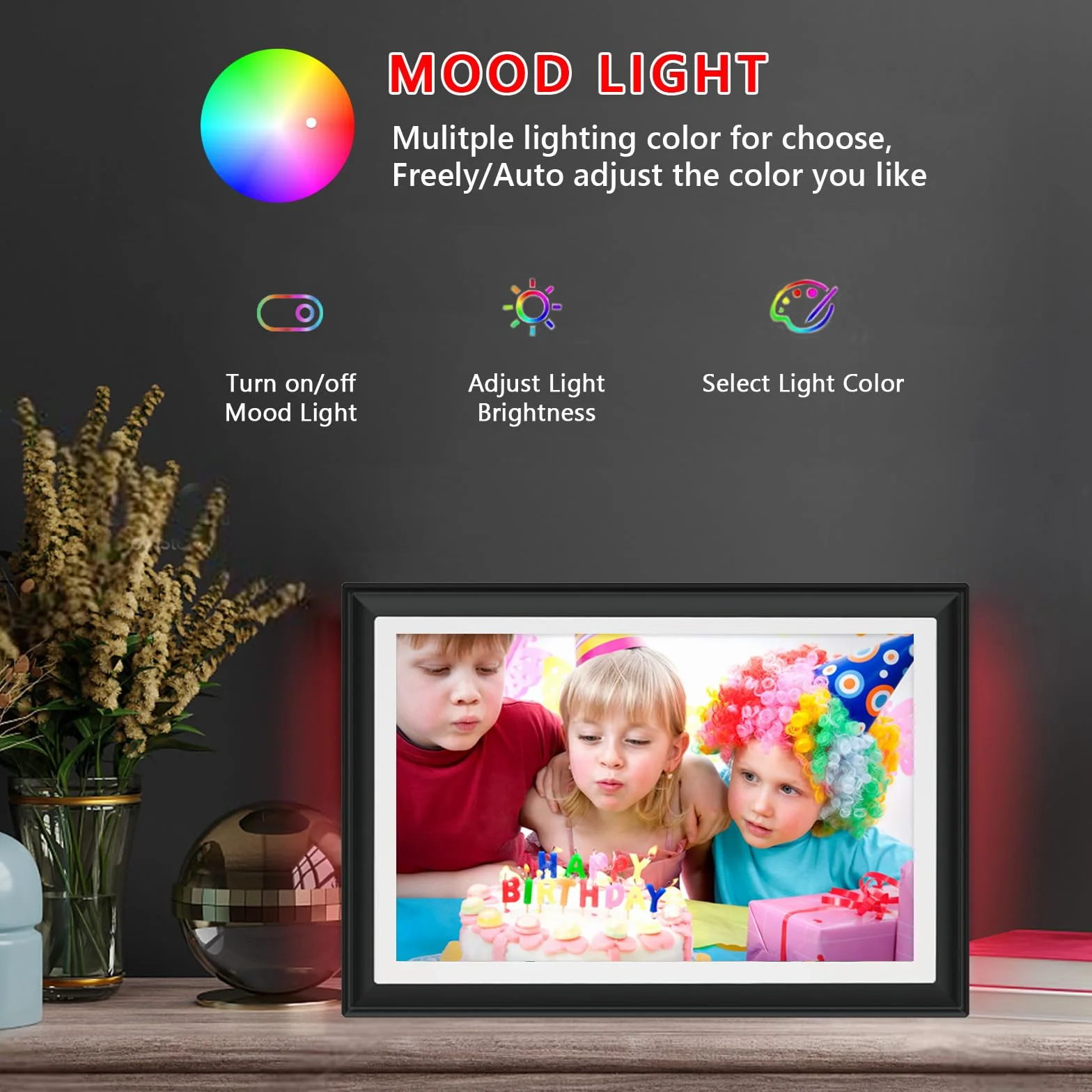 Cyfrowa ramka na zdjęcia – ekran Full IPS 10,1 cala, elektroniczna ramka na zdjęcia, WiFi Frameo z oświetleniem nastrojowym, Boże Narodzenie!