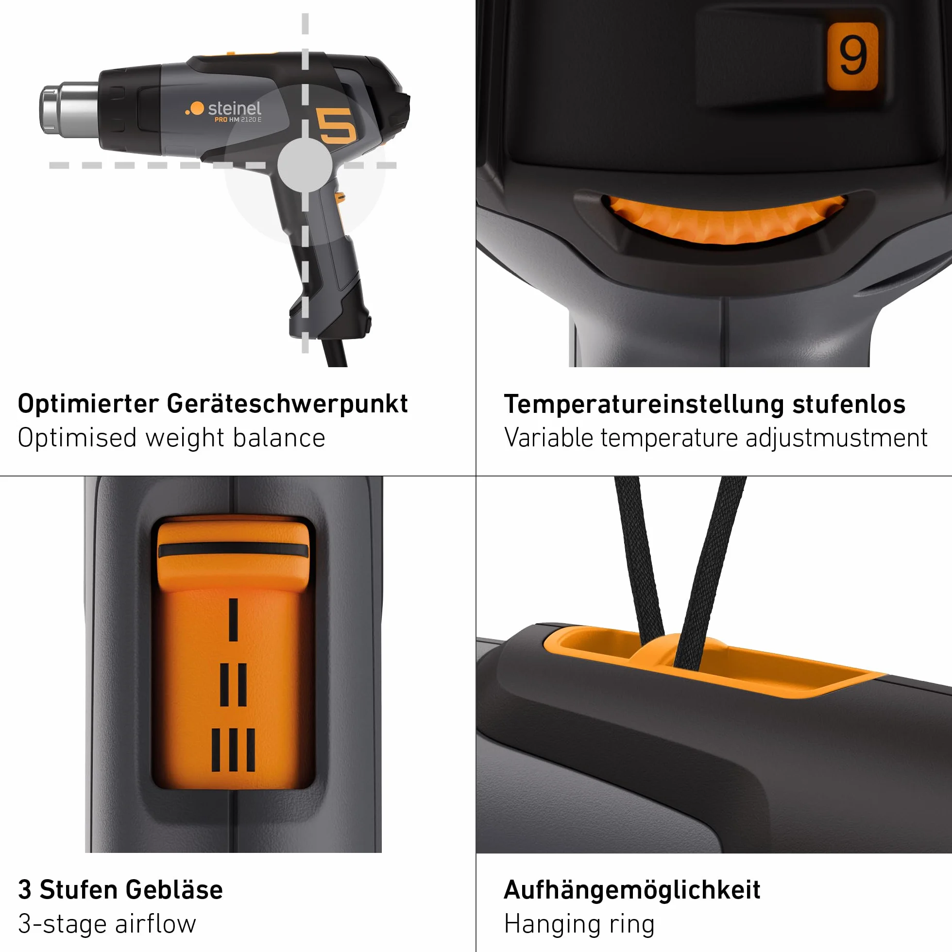 Steinel Pistolet grzewczy HM 2120 E, 2200 W, pistolet na gorące powietrze 80°-650°C, ochrona termiczna suszarki do włosów, ogrzewanie ceramiczne