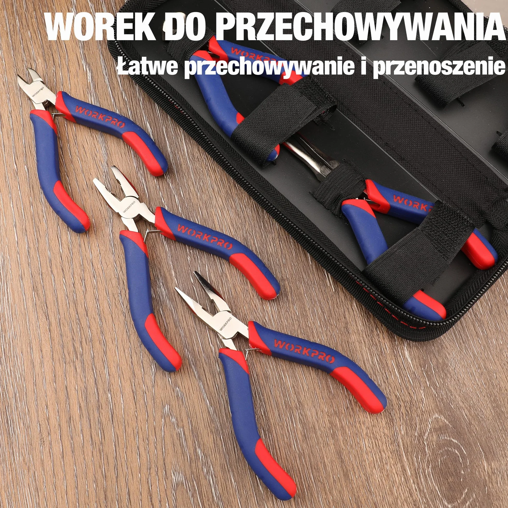 WORKPRO Zestaw mini szczypiec do biżuterii, 5-częściowy, w tym szczypce Linesman, szczypce z długim nosem, szczypce ukośne, cięcie końcowe, nosek igłowy z woreczkiem organizera