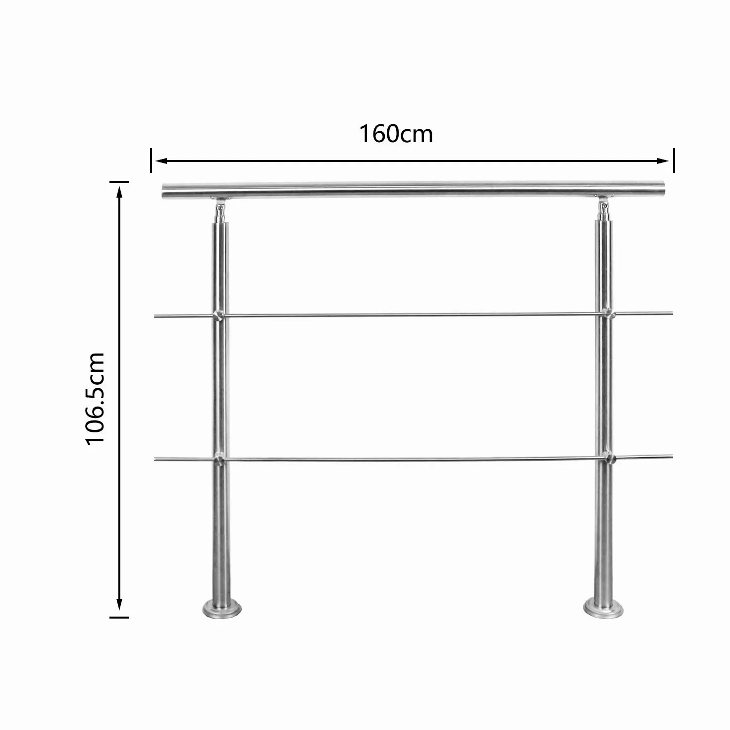 Poręcz ze stali nierdzewnej, do balustrady schodowej, na balkon, 160 cm, z 2 poprzeczkami Ø 42 mm, do wewnątrz i na zewnątrz