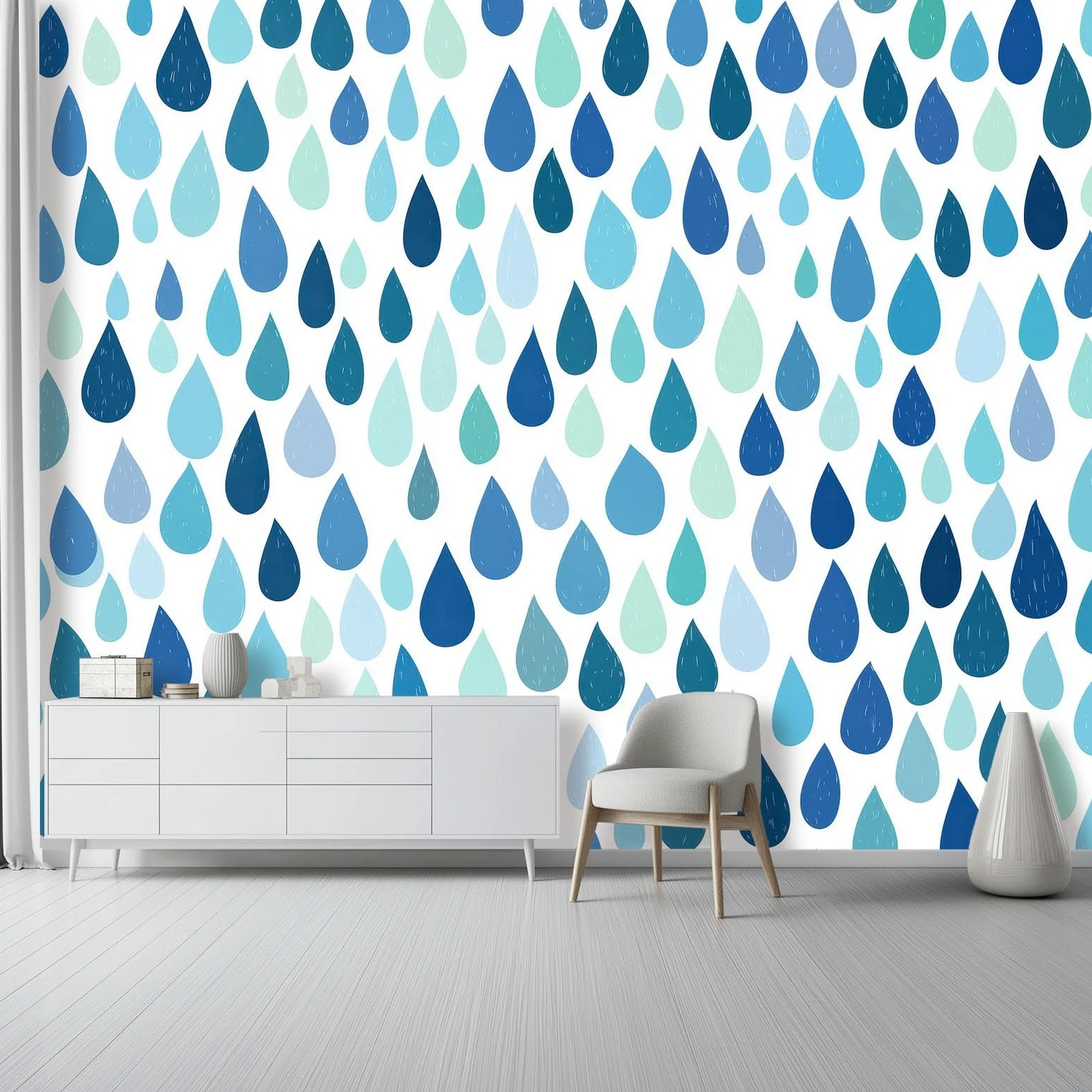 Minimalistyczny geometryczny mural ścienny z włókniny do sypialni, przy łóżku i przedpokoju, ściana akcentująca, 300 x 210 cm, niewklejony efekt 3D, duży plakat z fototapetą, niebieskie krople deszczu