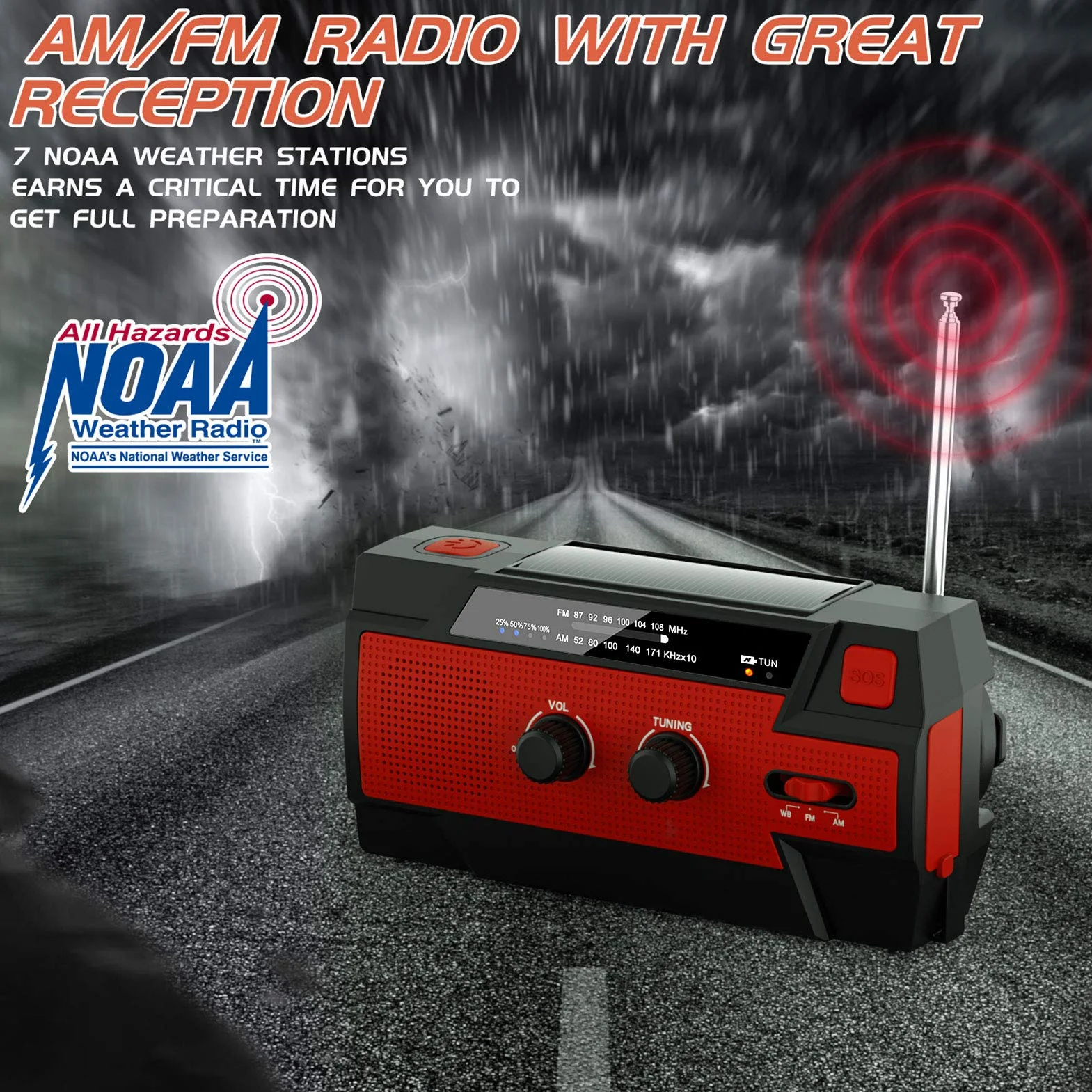 Radio solarne AM/FM przenośne z akumulatorem 4000 mAh korbą ręczną dynamo na kemping czerwone