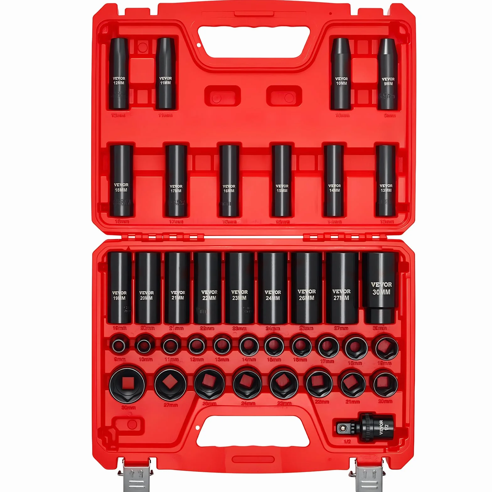 VEVOR Zestaw nasadek udarowych 1/5.1 cm, 39-częściowy, 6-punktowy głęboki i płytkie nasadki, metryczny 9 do 30 mm, stal Cr-V, wysoka trwałość, z przegubem uniwersalnym, podwójne oznaczenia rozmiaru