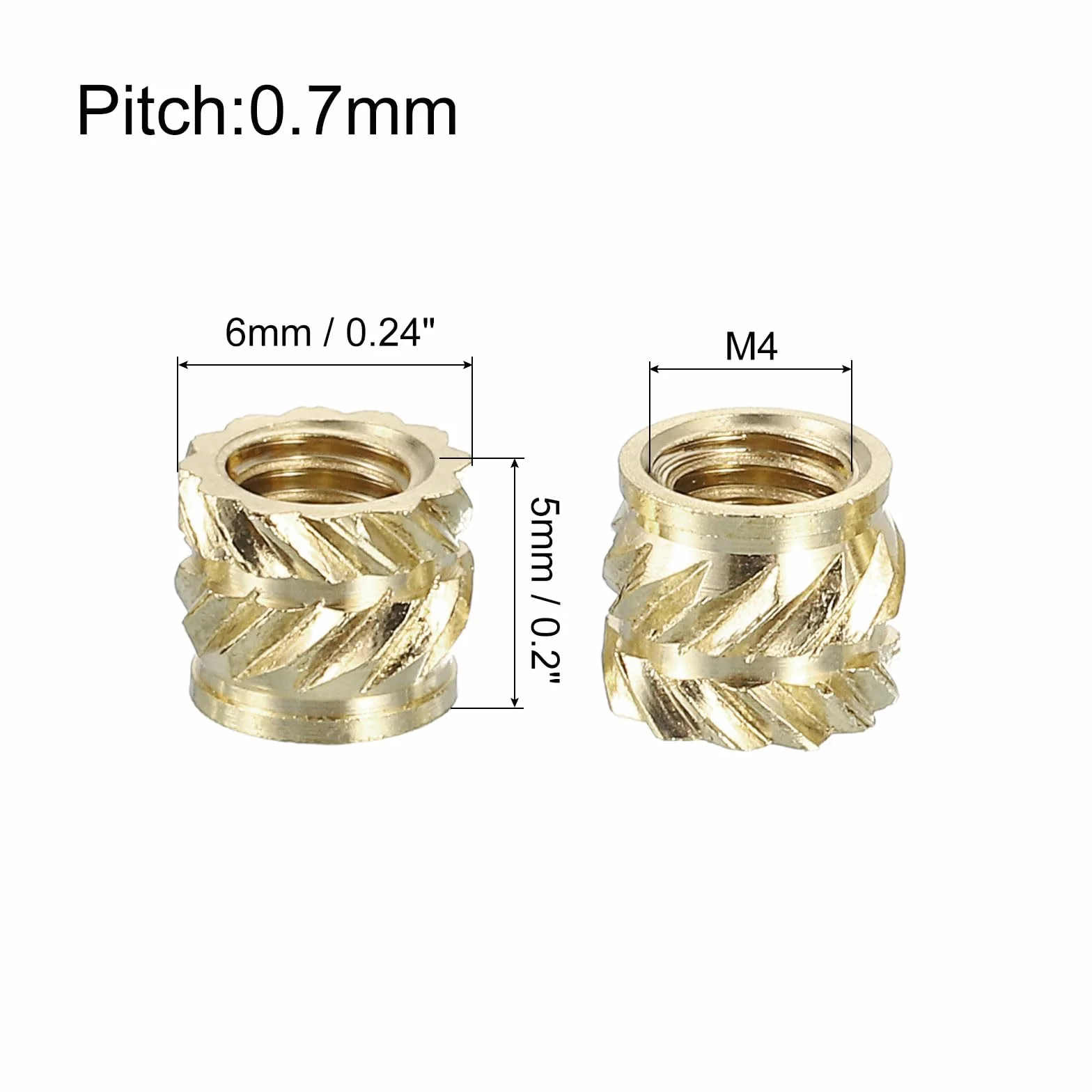 QUARKZMAN Karbowane nakrętki do wkładania, 50 sztuk M4 x 5 mm szer. x 6 mm OD, mosiężne nakrętki do drukowania 3D, wkładki gwintowane żeńskie, mosiężne nakrętki wkładane