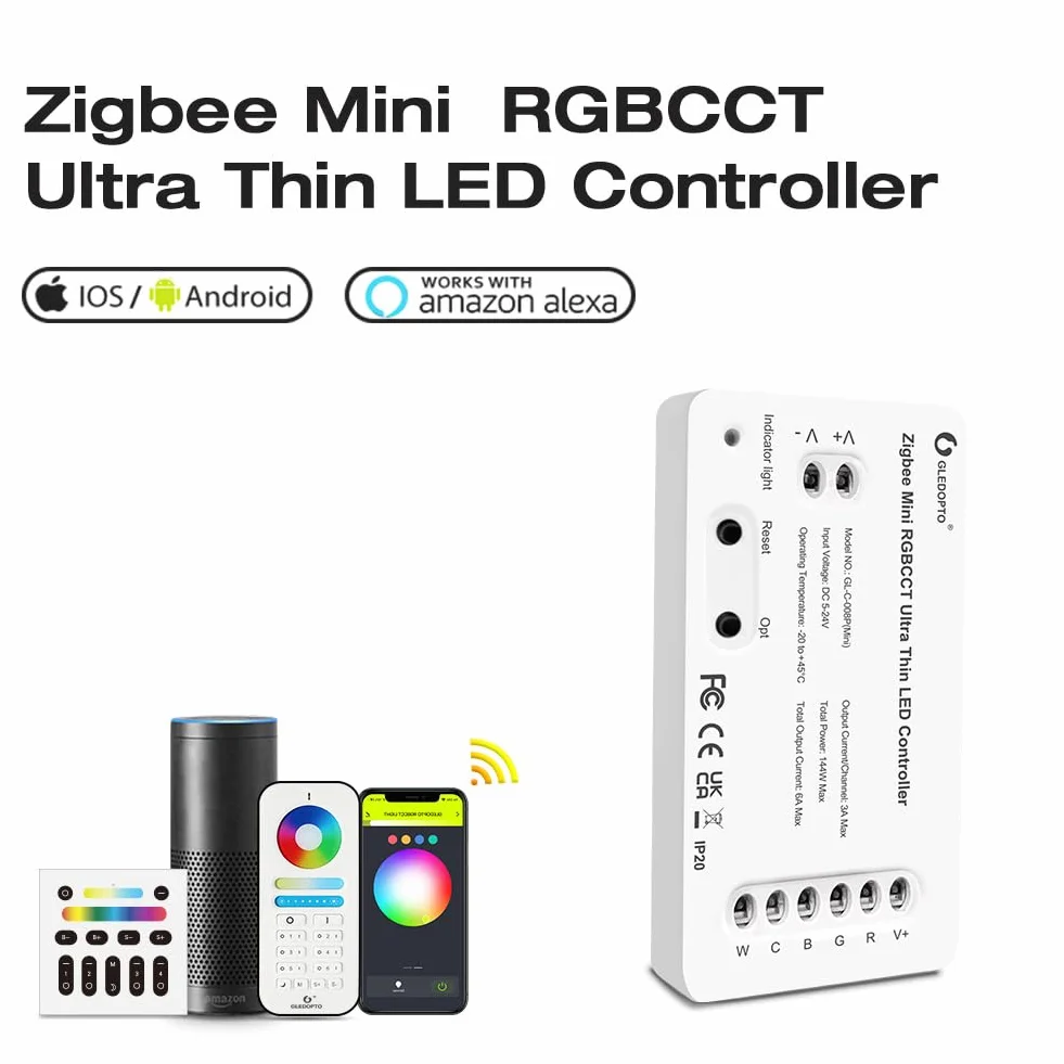 LIGHTEU®, GLEDOPTO ściemniacz Zigbee, ultracienki kontroler LED Pro Alexa Voice/Hub APP DC5-24V, GL-C-009P(mini)