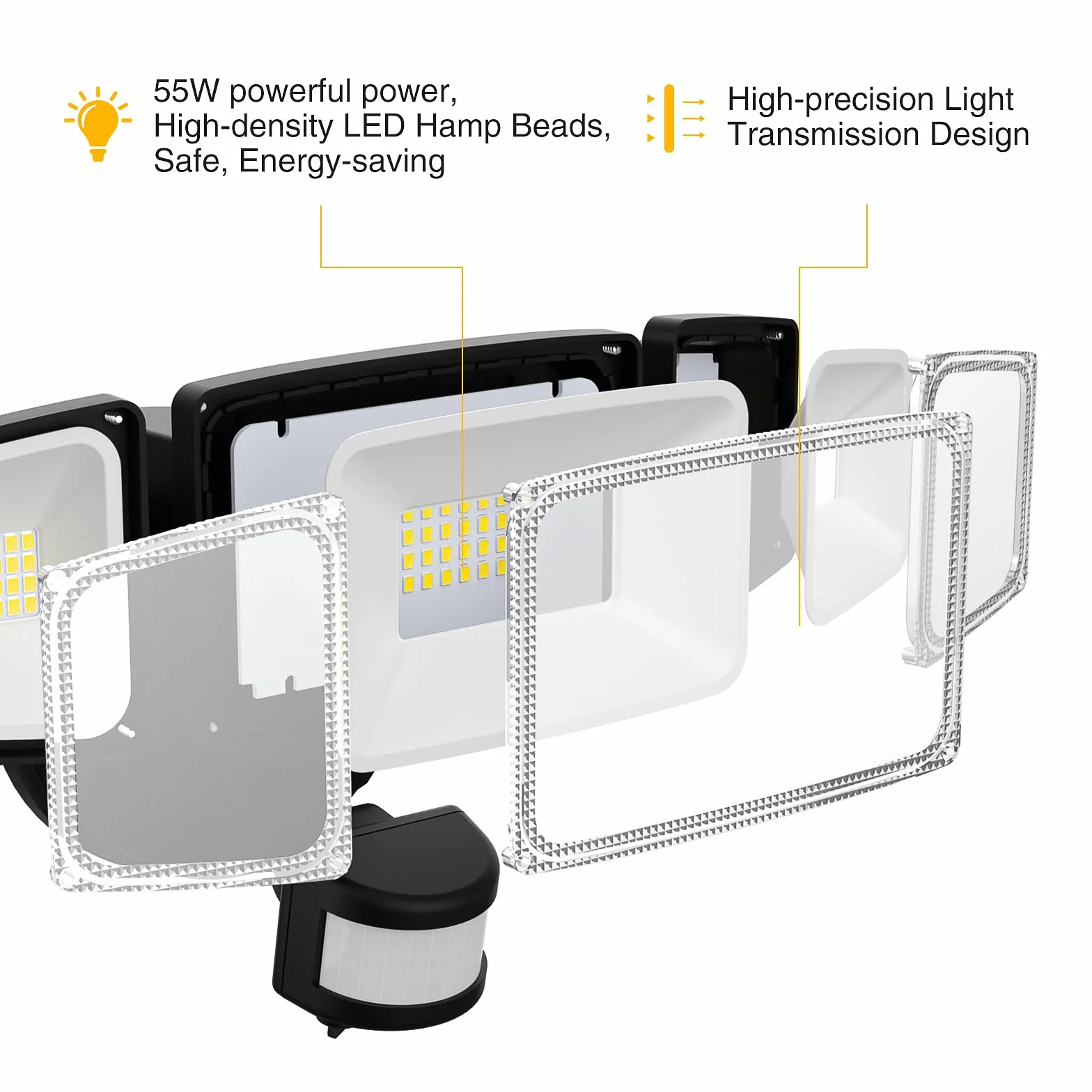 Onforu Reflektor LED z czujnikiem ruchu, zewnętrzny, 55 W, 5000 lm, z 3 regulowanymi głowicami, 6500 K, zimna biel, IP65, wodoszczelny, do garażu, ogrodu, na podwórko