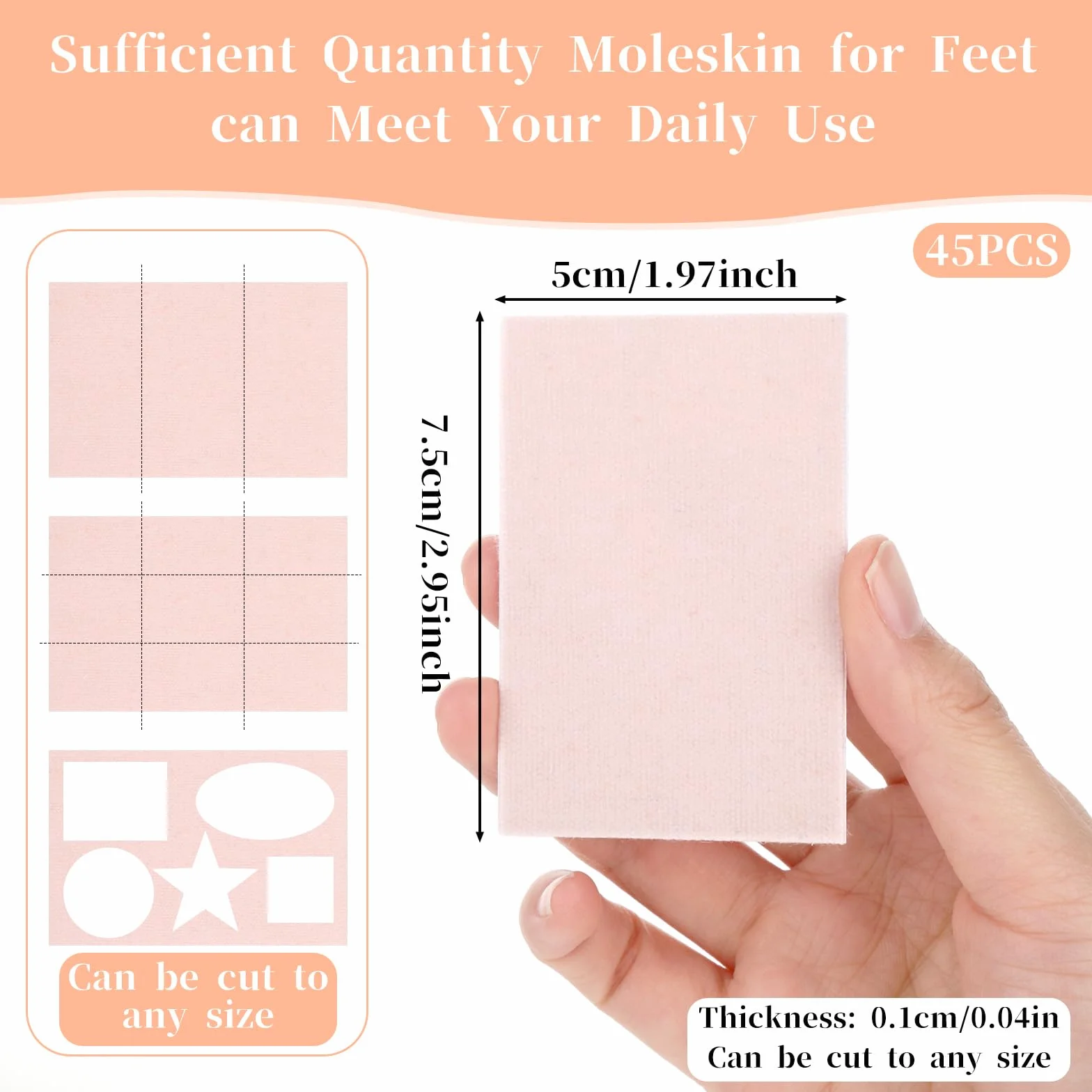 Moleskin plastry na pęcherze, 45 arkuszy, uniwersalne, samoprzylepne, przycięte, na pięty, stopy, tapicerka, pęcherzyki powietrza, taśma zapobiegawcza, zapobiega powstawaniu piany