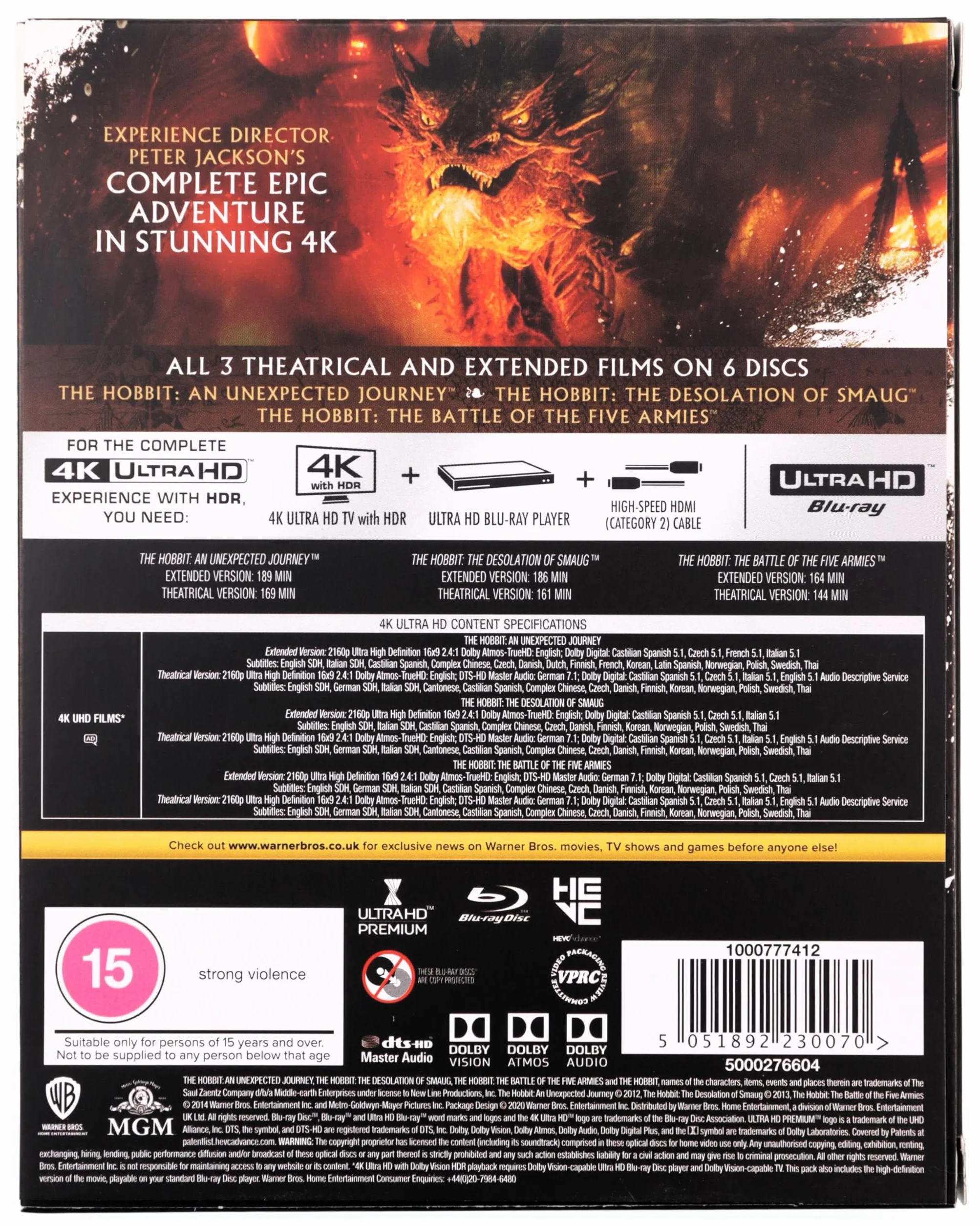 The Hobbit Trilogy [Theatrical and Extended Edition] [4K Ultra-HD] [2012] [Blu-Ray] [Region Free]