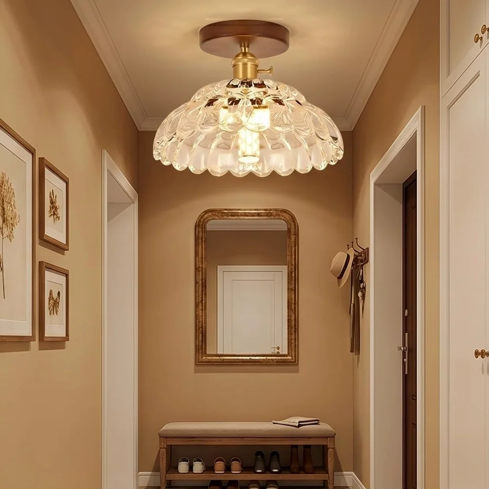 Nowoczesna lampa sufitowa ze szkłem, półwpuszczany żyrandol w stylu vintage, z podstawą z drewna orzechowego, zapiekanka lampa sufitowa z połowy wieku do przedpokoju, przedpokoju, garderoby, sypialni