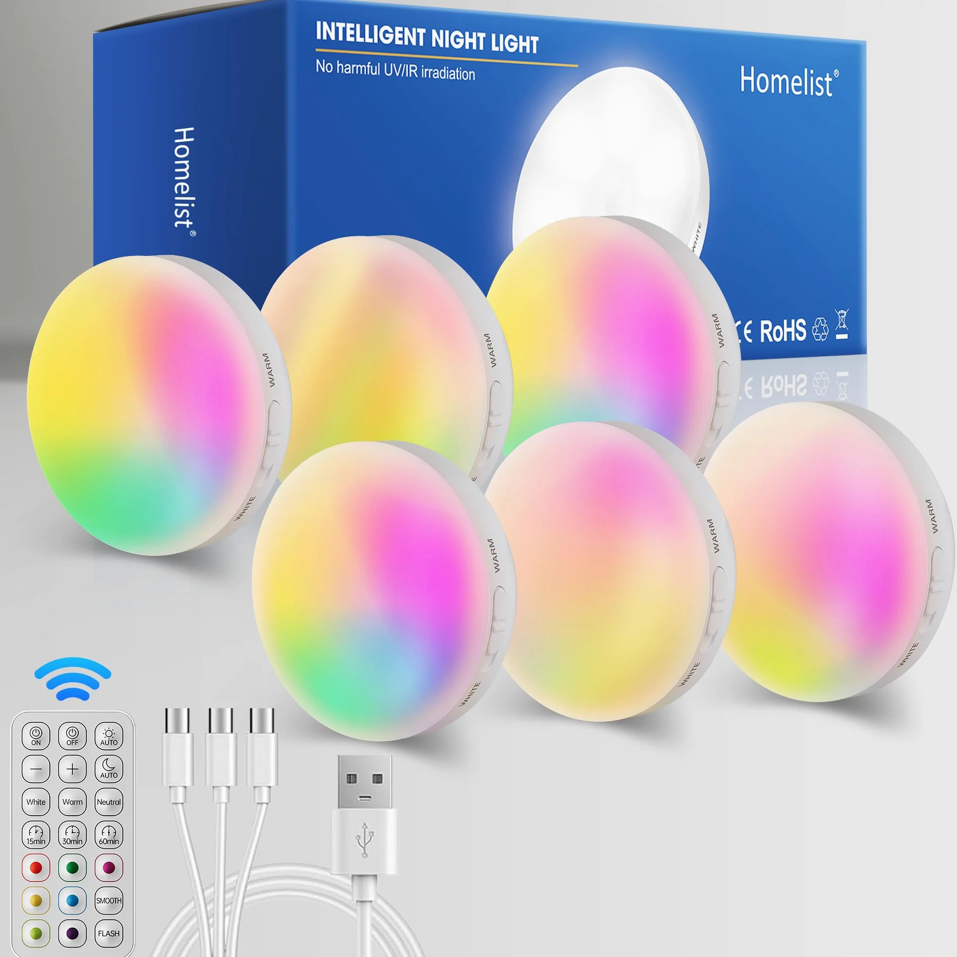 Homelist Światła z czujnikiem ruchu do wewnątrz, 6 sztuk, RGB z pilotem, bezprzewodowa, ładowalna, nocna lampka LED na ścianę, schody, szafkę kuchenną, szafę pod szafkę