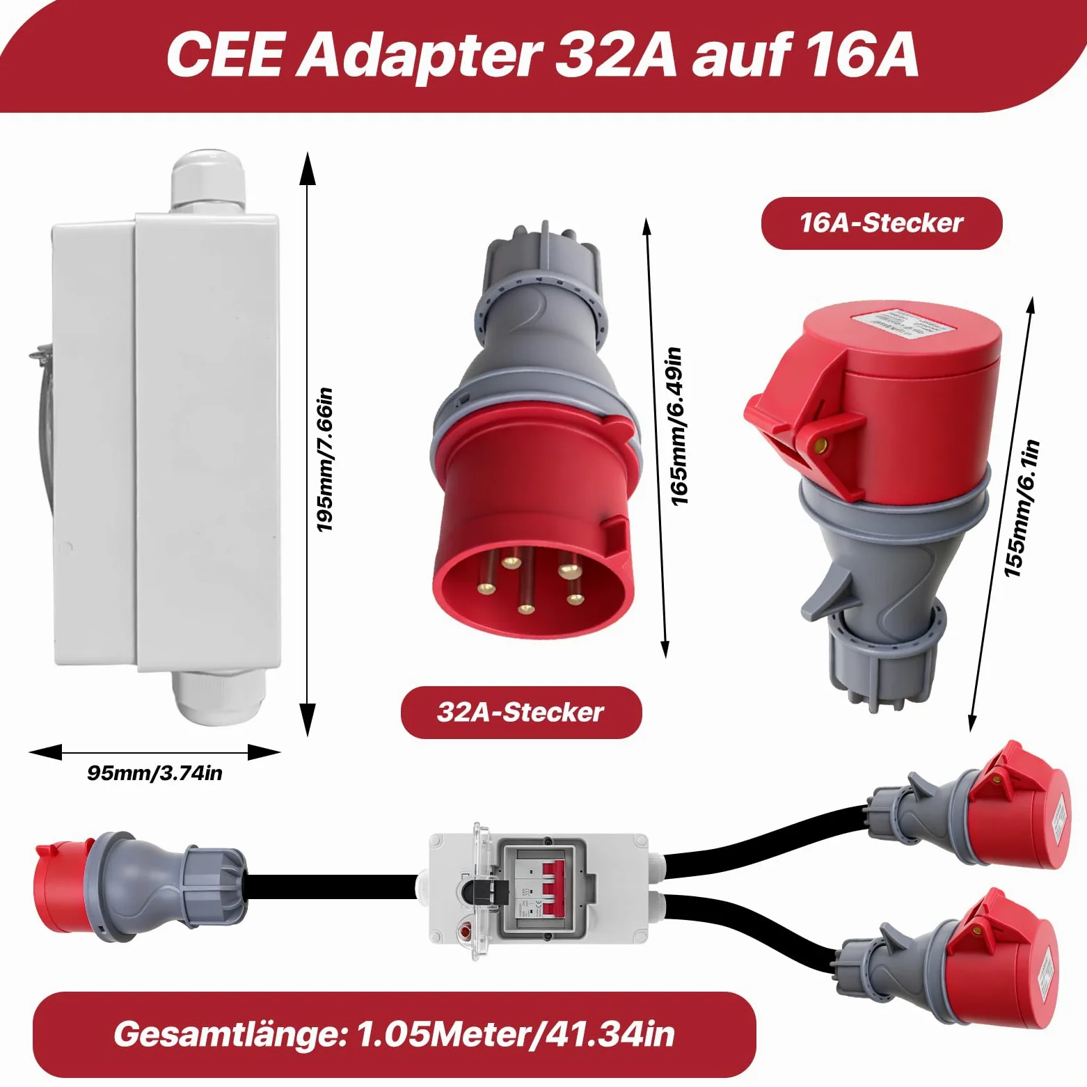 Adapter CEE 32 A na 16 A, wtyczka CEE, kabel przedłużający 230 V, IP44-66, rozdzielacz prądu z wyłącznikiem nadmiarowym, 5-pinowe gniazdko do warsztatu, na plac budowy