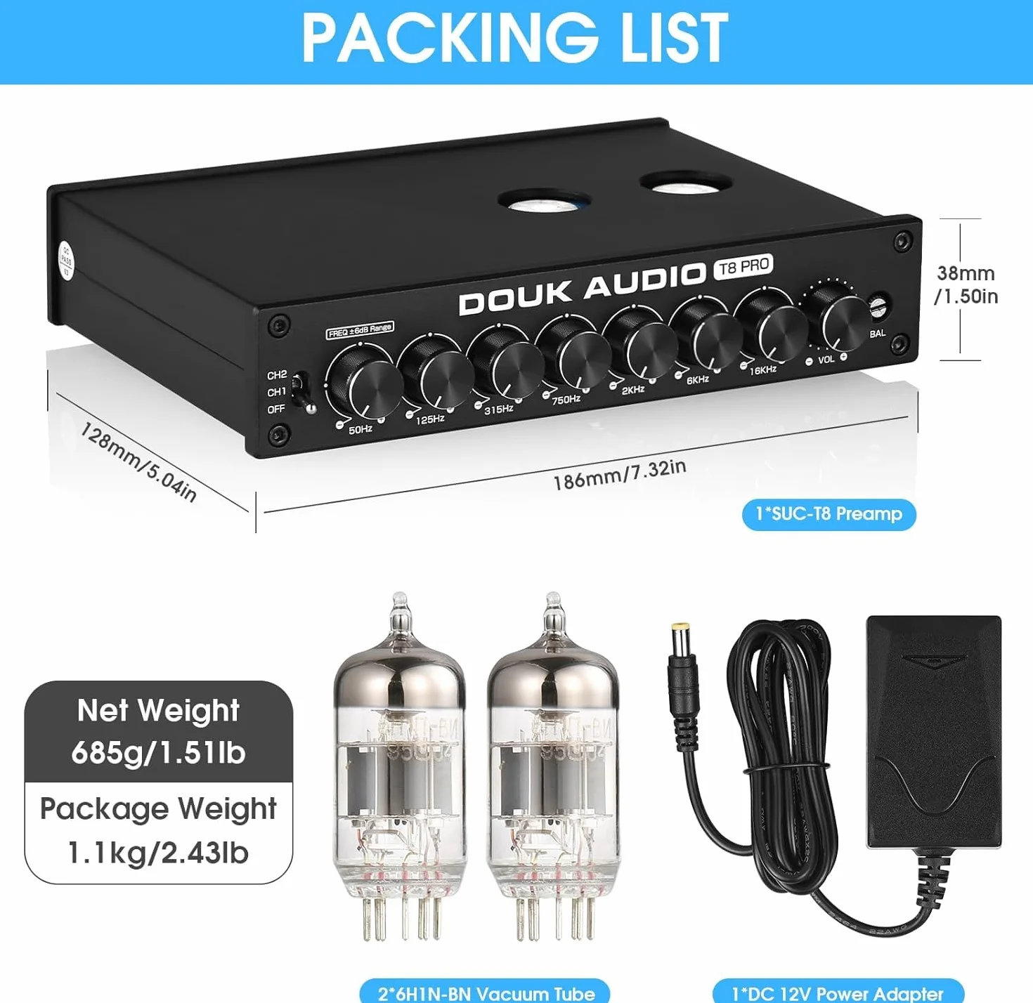 Douk Audio Equalizer do rur próżniowych HiFi 7-pasmowy EQ przedwzmacniacz XLR T8 PRO