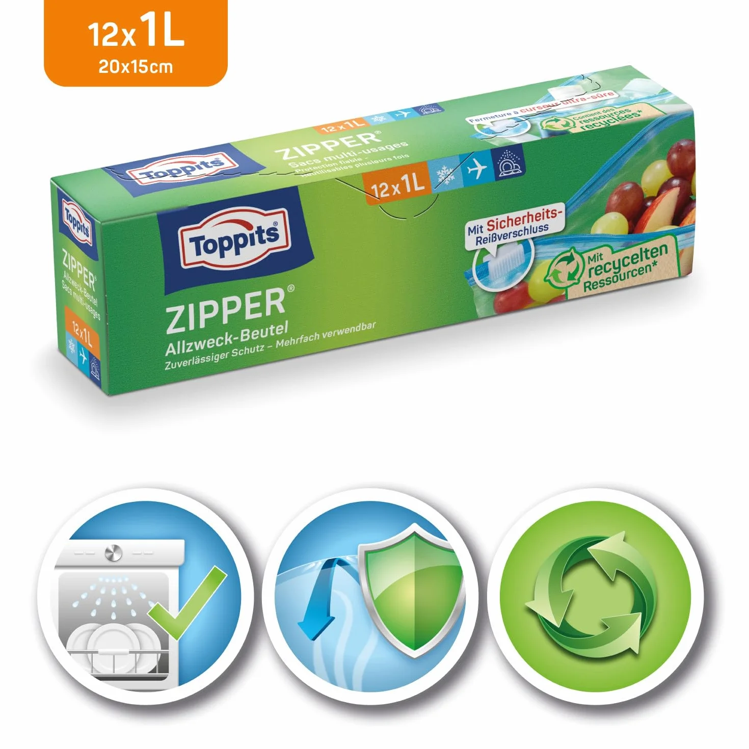 Toppits Zipper 209863 Woreczki Strunowe, Przezroczysty, 12 szt. / 1 l