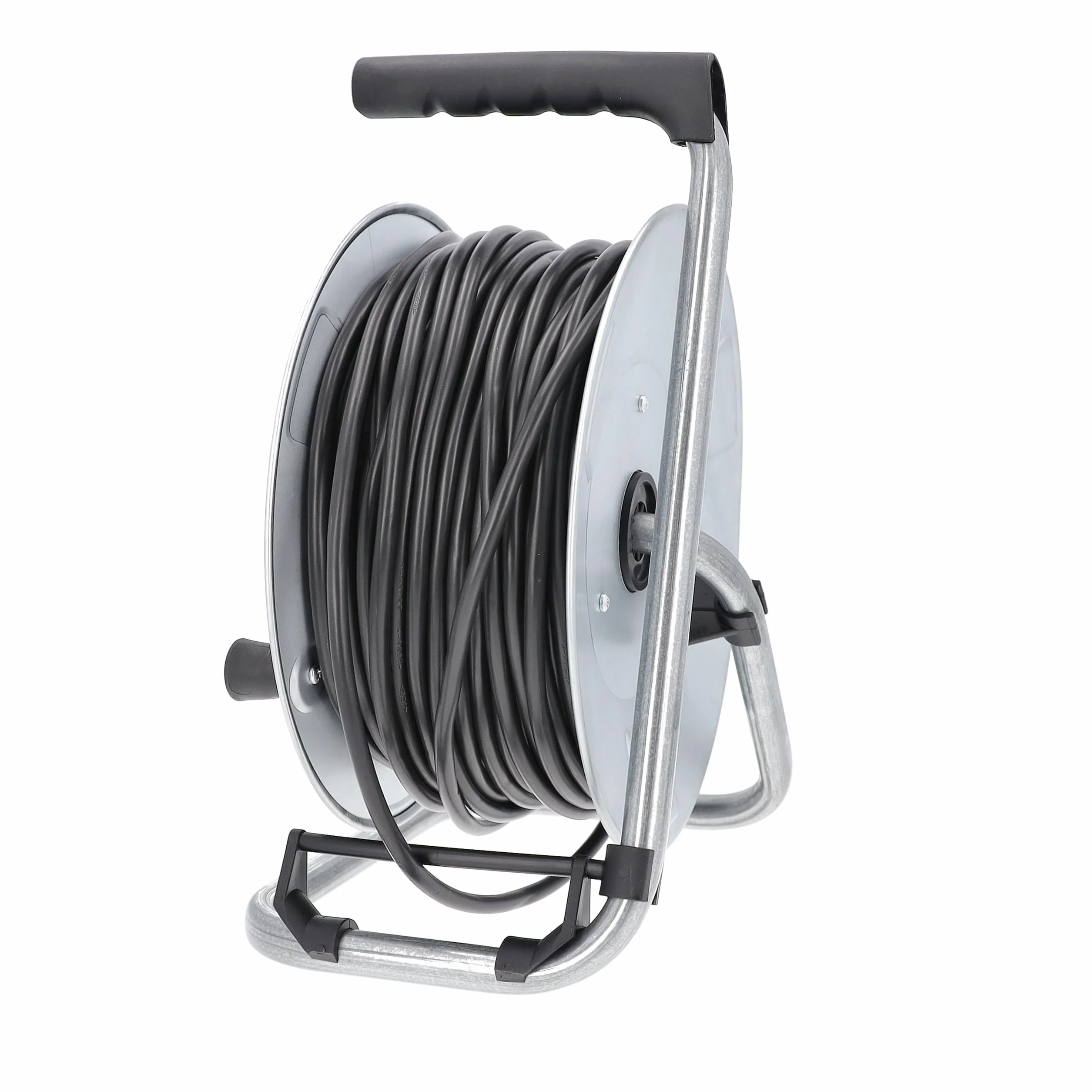 as - Schwabe Metall-Kabeltrommel – mit 50 m Kunststoffmantelleitung 230 V / 16 A – Verlängerungskabel-Trommel mit 4 Schutzkontakt-Steckdosen – IP20 – Made in Germany – Silber I 10319