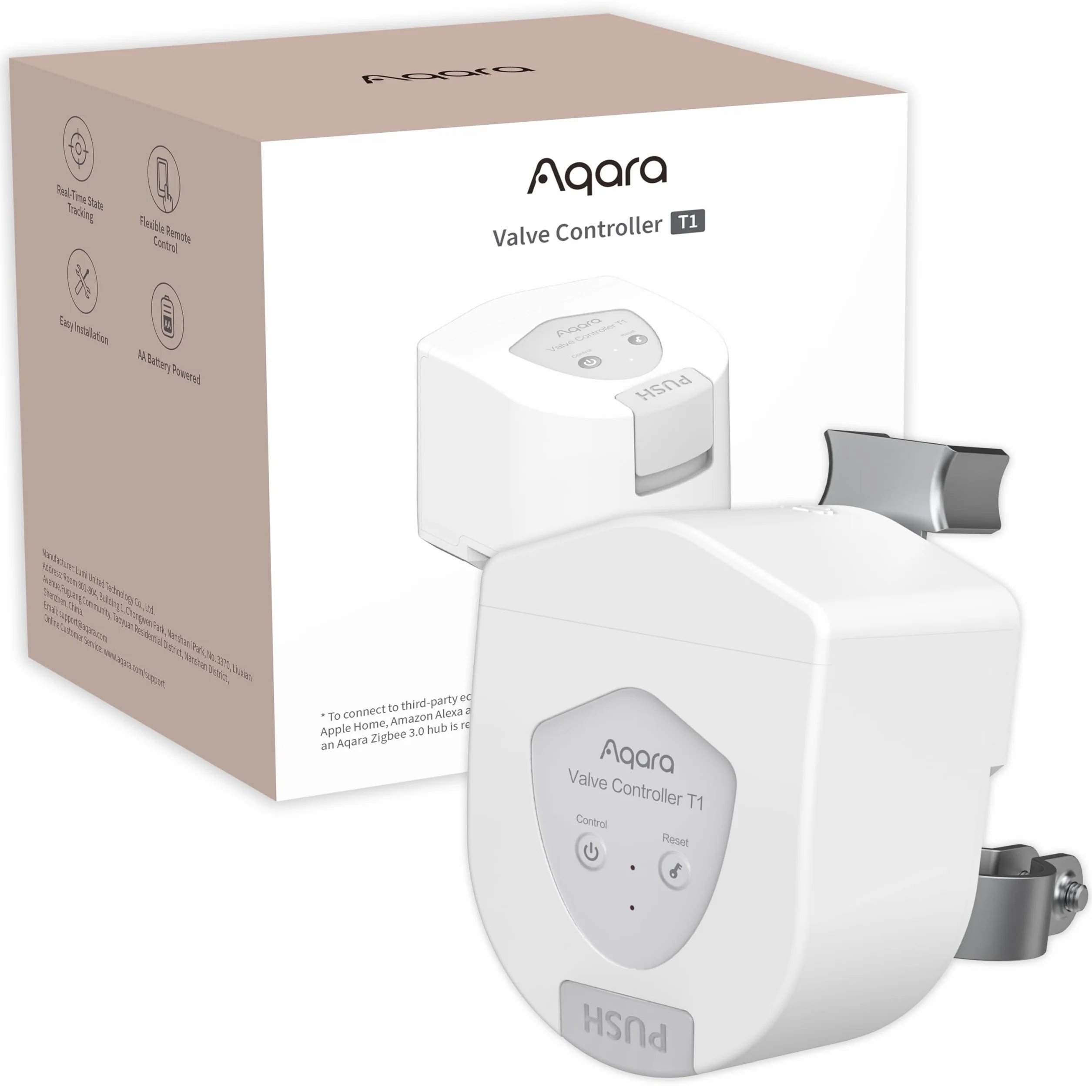 Aqara Kontrolera Zaworu T1, Wymaga Hubu Aqara Zigbee 3.0, Werkt met Waterlekdetectoren voor Thuis, Obsługuje Zdalne Sterowanie Aplikacją, Wspiera HomeKit, Alexę, Google, Matter Over Bridge