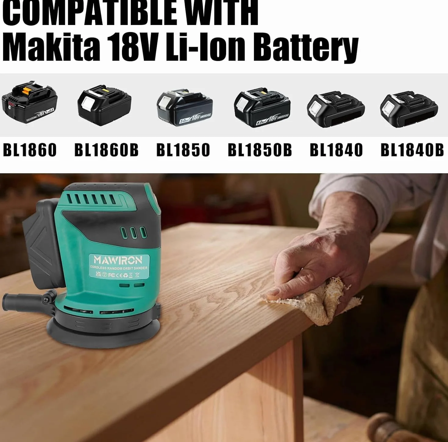 Bezszczotkowa szlifierka mimośrodowa z akumulatorem, zamiennik do Makita DBO180Z, bezprzewodowa szlifierka elektryczna 125 mm do szlifowania, polerowania, wygładzania powierzchni, z 12 papierem