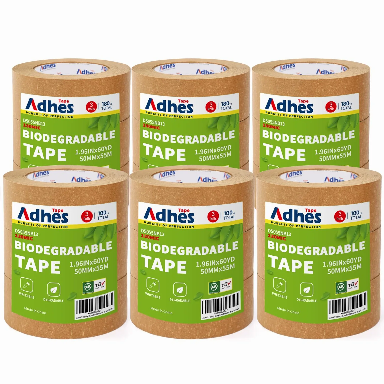 ADHES papier Band, 2 cale x 60 metrów x 18 rolek, biologisch abbaubares Paint Verpackungsband, unbeschichtetes braunes Verschiffenband for das Verschiffen, Bewegen, Versiegeln...