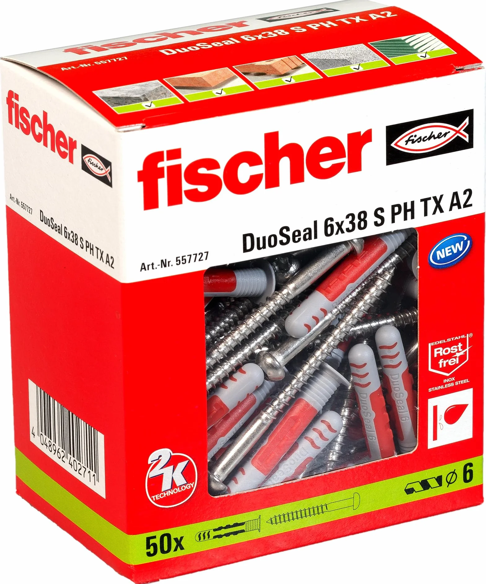 fischer DuoSeal 6 x 38 S, uniwersalne kołki do wilgotnych pomieszczeń (50 szt.) ze śrubami, wydajne kołki, uszczelniające kołki z tworzywa sztucznego do mocowania w wilgotnych pomieszczeniach, kołki łazienkowe przeciw pleśni
