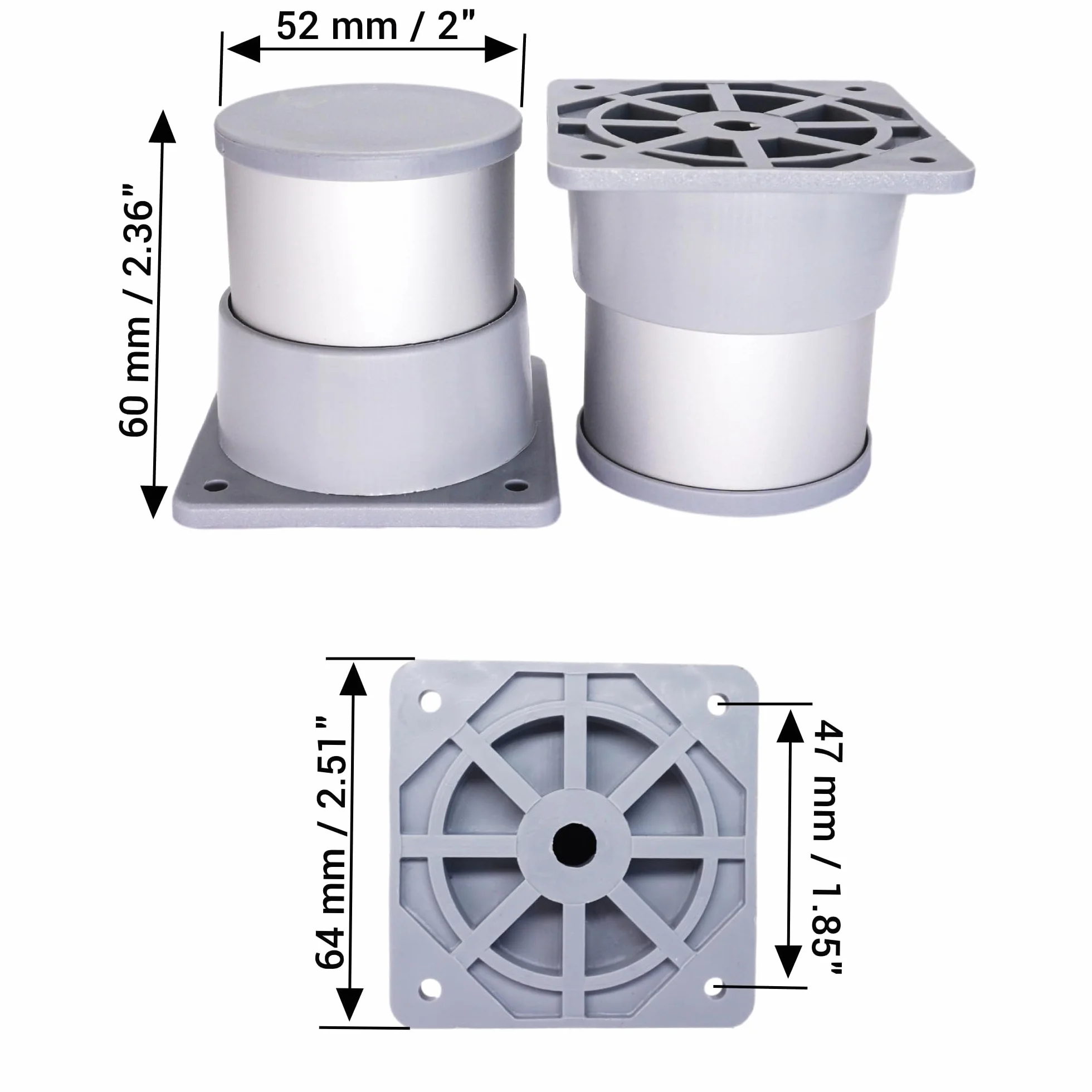 SKIR'CO Metalowe nogi meblowe z regulacją wysokości, wysokość 6 cm, średnica 50 mm, aluminiowe okrągłe nóżki meblowe, śruby w zestawie